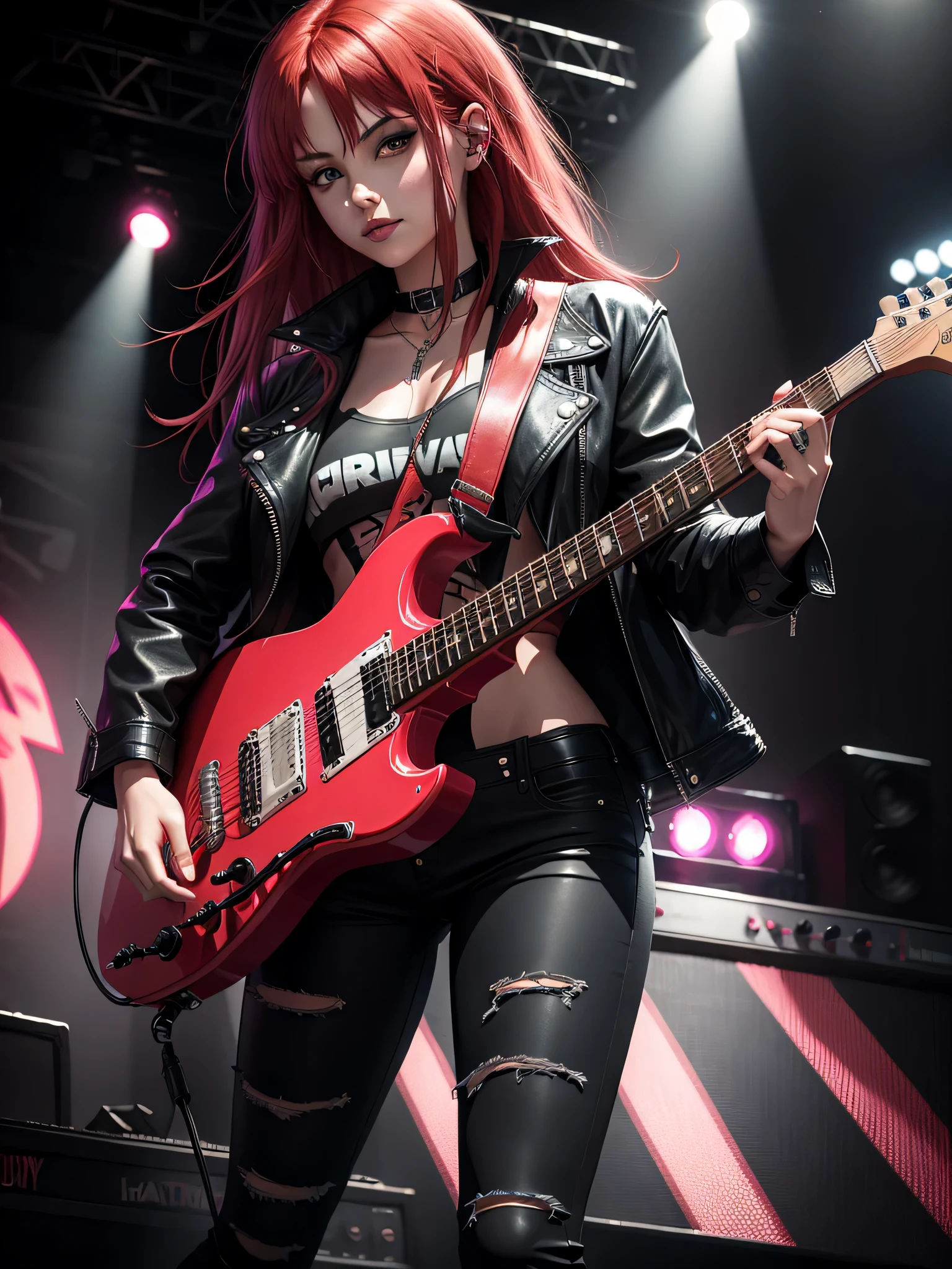 Harley quiin --playing electric guitar on rock concert stage, rocker dressed in black denim jacket, black leather pants, with long red hair with pink streak.