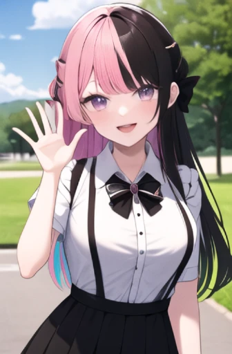 masterpiece, best quality, highres, aahinano, long hair, (multicolored hair:1.2), hair bow, collarbone, black bowtie, brooch, white shirt, suspender skirt, frilled skirt, pink bow, cowboy shot, standing, smile, outdoors, open mouth, waving