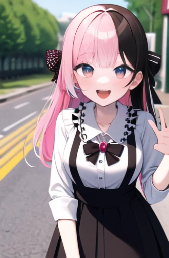 masterpiece, best quality, highres, aahinano, long hair, (multicolored hair:1.2), hair bow, collarbone, black bowtie, brooch, white shirt, suspender skirt, frilled skirt, pink bow, cowboy shot, standing, smile, outdoors, open mouth, waving