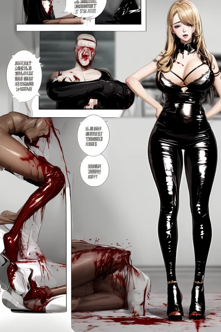 comic storyboard,anatomically correct,1beautiful girl, gold hair, long hair,smile,barefoot,lace top,sexy, shiny leggings, thin gap,camel toe,high heels,cleavage,crossed legs,large breasts,leg tattoo,long hair,smile,toenails,) standing,trample,cuts,defloration,indoor,couple,femdom,hetero,saliva , mucus,femdom,blood on clothes,blood on hands,blood splatter,open mouth,kneeling man,sit,trembling man,dead man,sit,bruise man,lying man,man cum,bleeding man,(masterpiece, best quality:1.2)