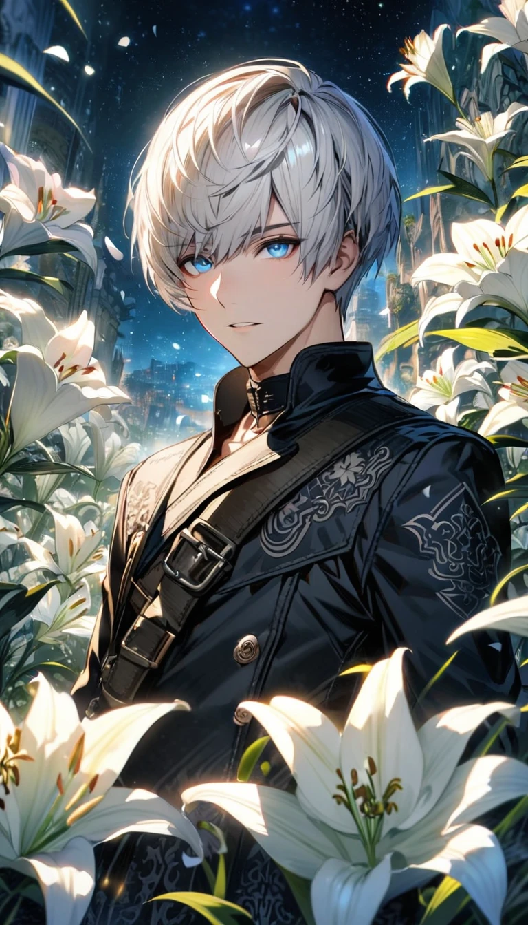 Ultra detailed, Highres, absurdres, HDR, 9S, white short hair with bangs, blue eyes, Nier Automata, handsome, 1 man only, very detailed face, lilies white flowers, petals, starry sky,