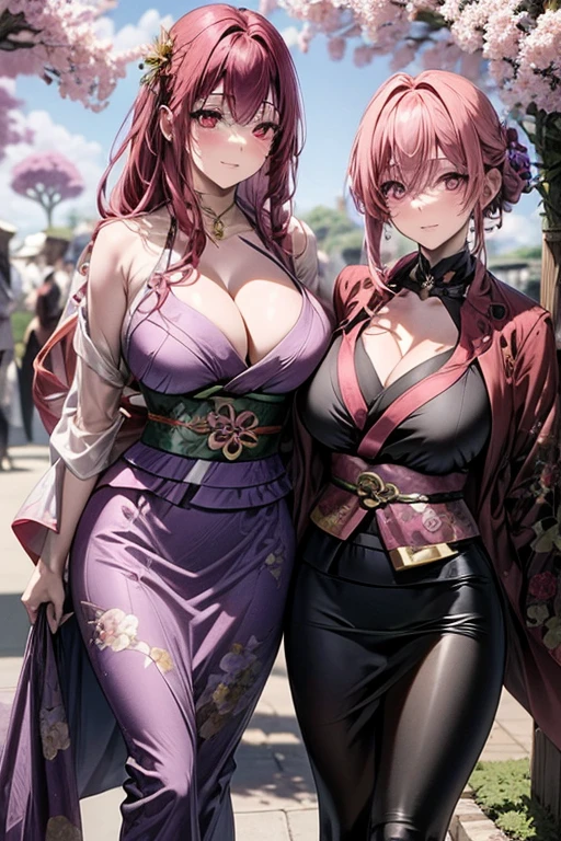 A gorgeous pink haired woman with violet eyes and an hourglass figure is eating with a stunning red haired woman with red eyes and an hourglass at a park in conservative kimono at a festival