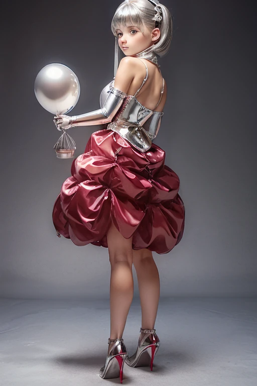 ((((holding a silver ballon)))), (((full body))), real photo, girl, Brat female , drawers, ((looking back at me)), long glove, red dress shoes,