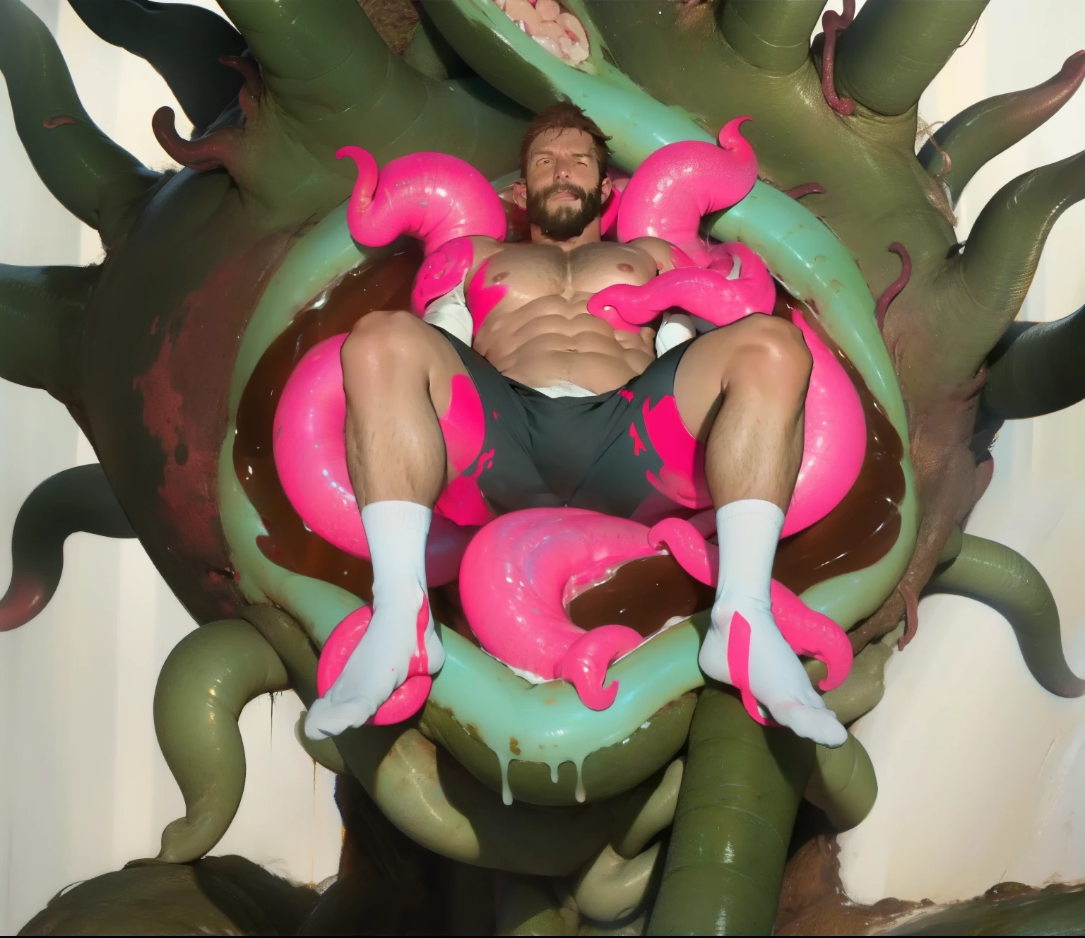 male white 40yo hairy handsome hiker being swallowed by colorful carnivorous plant with teeth and is being digested alive with pleasure he is yelling in pleasure while becoming sexual food to his predator, interspecies, vore, wet, digestion, inside creature, beard, being swallowed, from above, coil, soccer player, underwear, yellow clothes, dilf, excessive cum, mucus, being swallowed, tattoos, bro, he is being engulfed by a mouth, white socks, claws, dirty sweaty socks, sweaty, wet, cum all over body, hairy body, logo socks, tentacles wrapping body, hardcore vore, digestive acids, maw, muscular athletic body, looking at viewer, large bumpy tentacles, tendrils, red slimy tentacles, brown hair, brown eyes,
