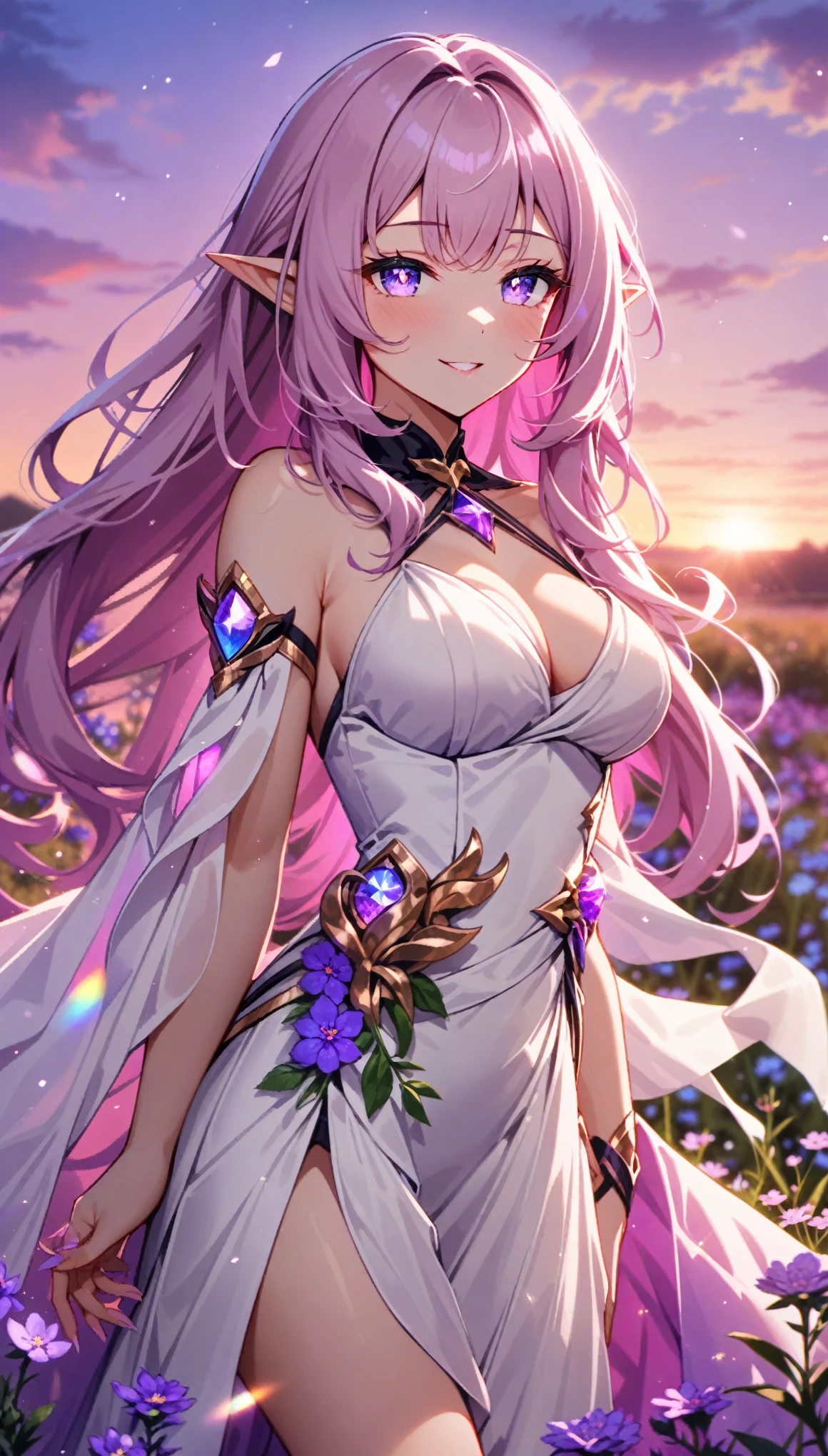 anime, (masterpiece:1.2), (best quality:1.2), very aesthetic, newest, 1girl, elysia, sparkling purple eyes, pink slit pupils, pointed ears, field with cute colorful wildflowers, sunrise, all-white clothes, extra long warm vivid pink hair, volumetric light, half-closed eyes, iridescent light, glowing flowers, iridescence, shimmering, light particles, wind, large breasts, loose flowing white silk chiffon gown, dsmile, dawn, pink sky, highly detailed, pointed ears, long lashes, shimmering, glossy lips, happy, serene, heavenly, detailed face, perfect eyes