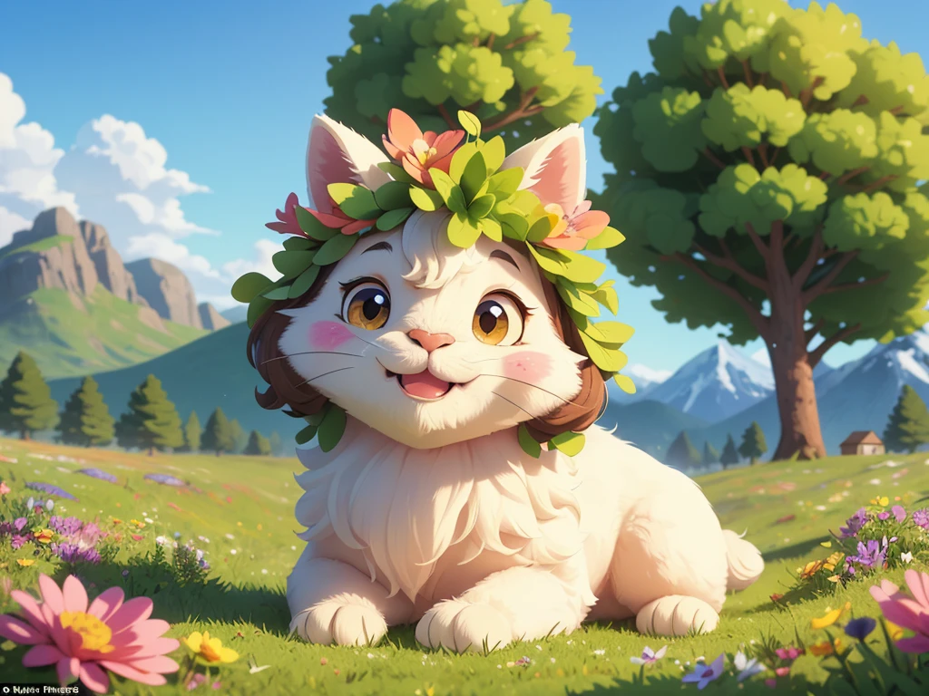 a fluffy alpaca with soft, curly fur, big expressive eyes, and a gentle smile,in a vibrant green meadow, surrounded by colorful wildflowers, basking in the warm sunlight, with a majestic mountain range in the background. (best quality,ultra-detailed,realistic:1.37),gorgeous portrait,soft pastel colors,natural lighting,surreal scenery