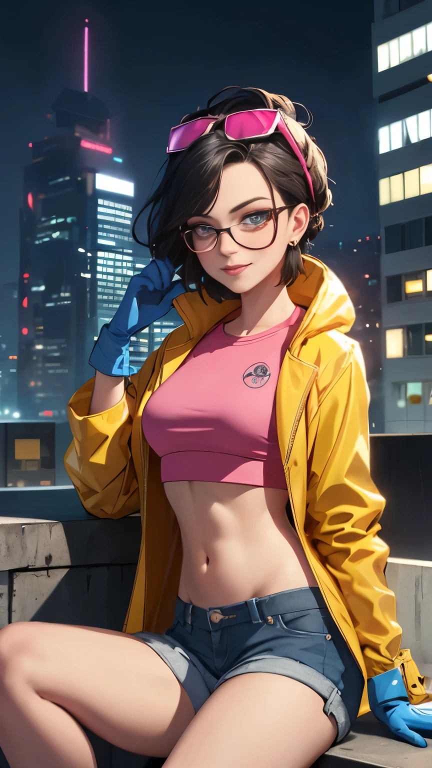 (Highly quality, masterpiece, detailed), night city detailed scenario, night city detailed background, solo, jubilee, pink crop top, raincoat, jean shorts, blue gloves, eyewear on head, smirk, sitting on top of a building, navel, perfect face, beautiful eyes, looking at the viewer, Sexy pose