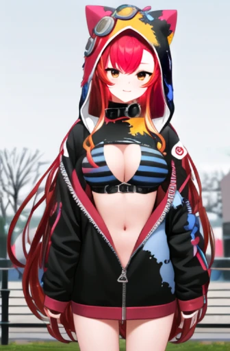 masterpiece, best quality, highres, aatsuna, long hair, multicolored hair, large breasts, animal hood, hood up, goggles on head, black collar, cleavage, striped bikini, black shirt, torn clothes, black jacket, hooded jacket, long sleeves, bare legs, standing, cowboy shot, outdoors