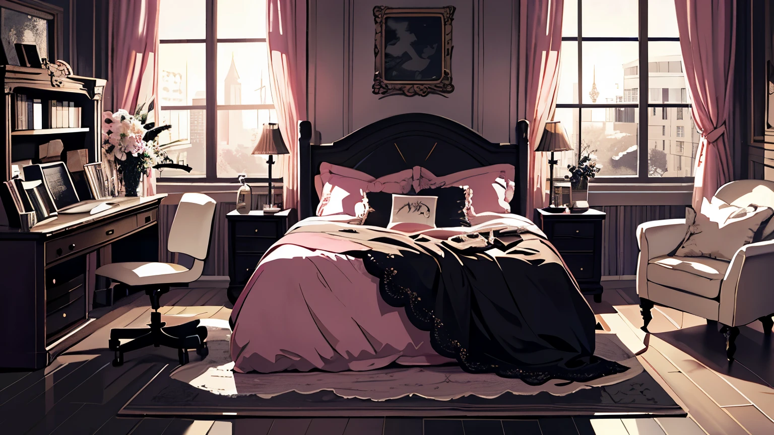 background、highest quality、detailed、Gothic atmosphere、Room illustration、、Pink-themed illustrations、spacious room、night、深night、窓から美しいnight空、lace curtains、Gothic bed、one chandelier、Gothic furniture、Bookshelf、Plush rug、There are no living things、wide range composition、Deformed illustration、Dark atmosphere、nightの静けさ、Starry Sky、Crescent Moon、Crescent Moonと星の電飾、Nobody is here