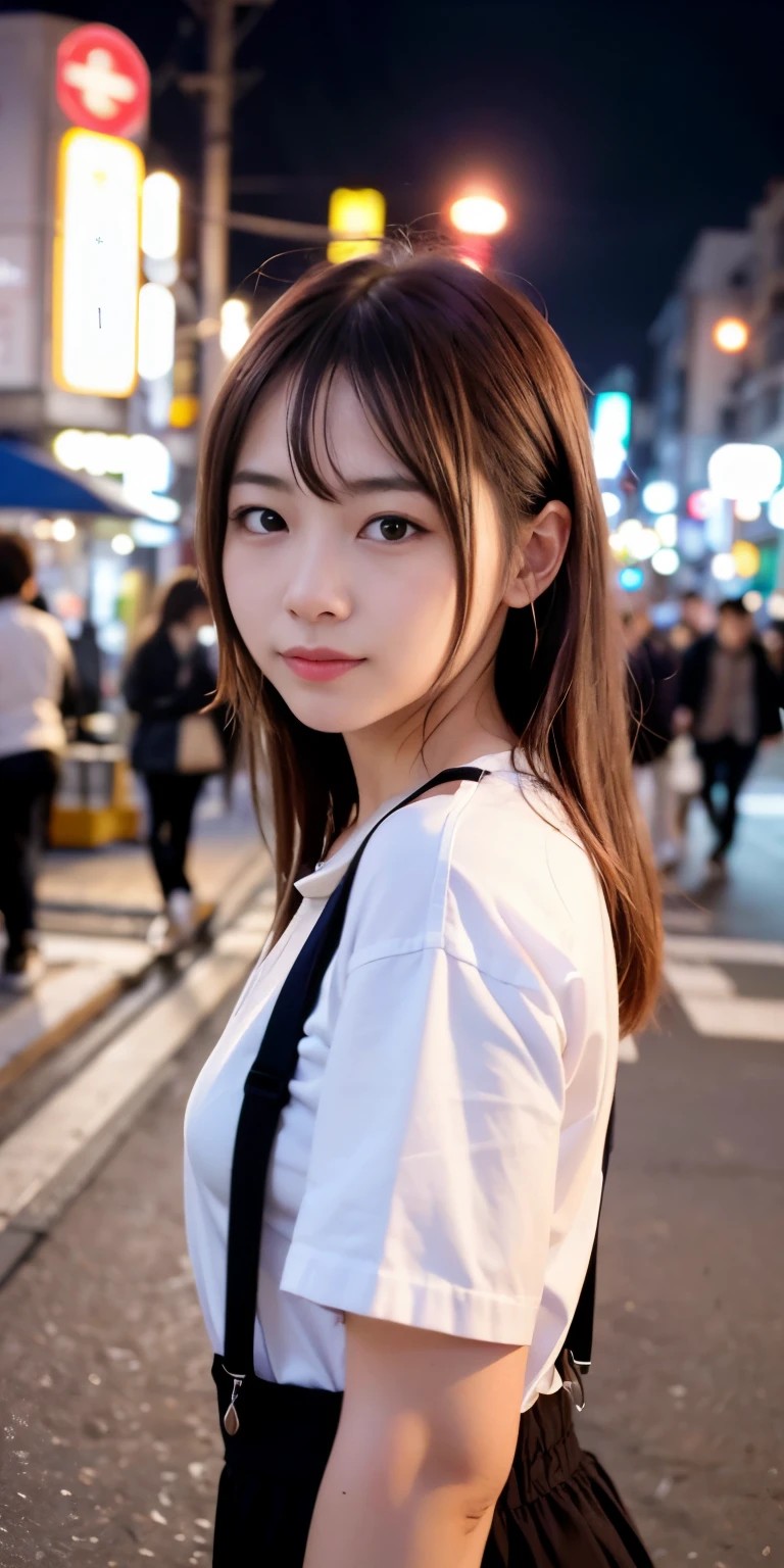 1 Girl, Tokyo Street,night, Streetscape,City lights,Upper Body,close,smile,, (8K, Raw photo, highest quality, masterpiece:1.2),(Realistic, photo-Realistic:1.37),