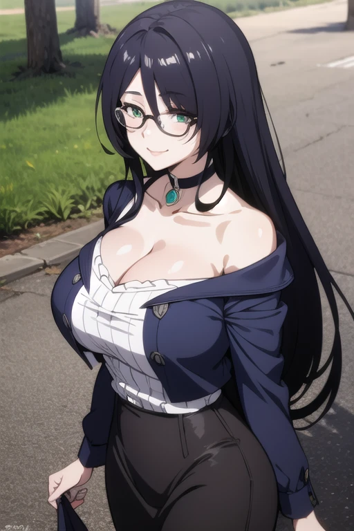 young women,large breast,beautiful face,long hair, shiny hair, green eyes,high detailed,black hair, hair over one eye,masterpiece,perfect anatomy,sexy smile,off shoulder Blue Jacket, Grey Shirt, collarbone, deep cleavage, Black choker, jewelry,gem,black skirt,elegant glasses,date event,park,walking,