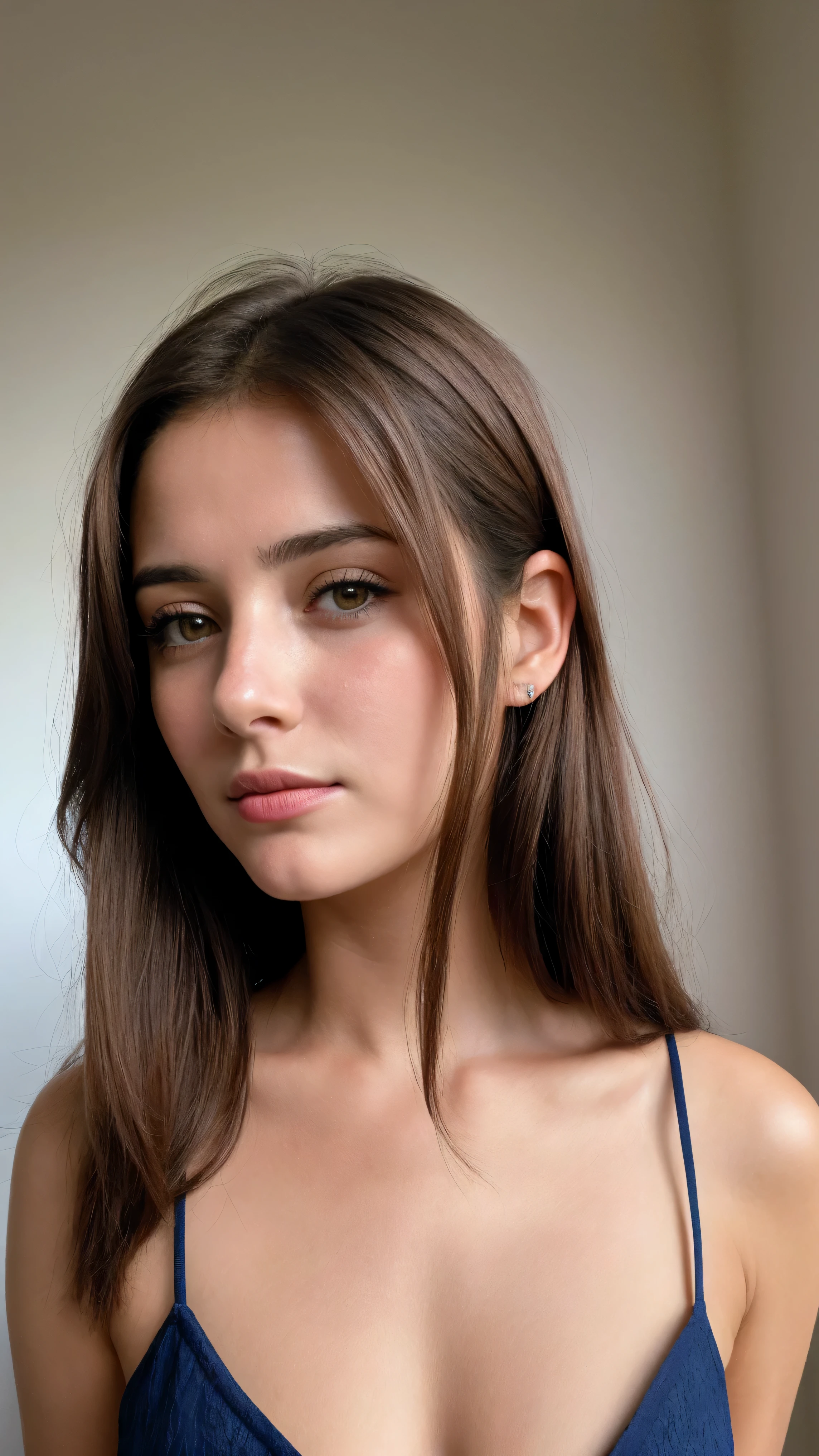 Senhora bonita,, maquiagem escura, Fotografia hiper detalhada, luz suave, head and breast portrait, cobrir,, best quality, (rosto bonito detalhado, textura da pele do detalhe, corpo ultra-detalhado:1.1) brown hair, Hazel Eyes 18 anos adolescente