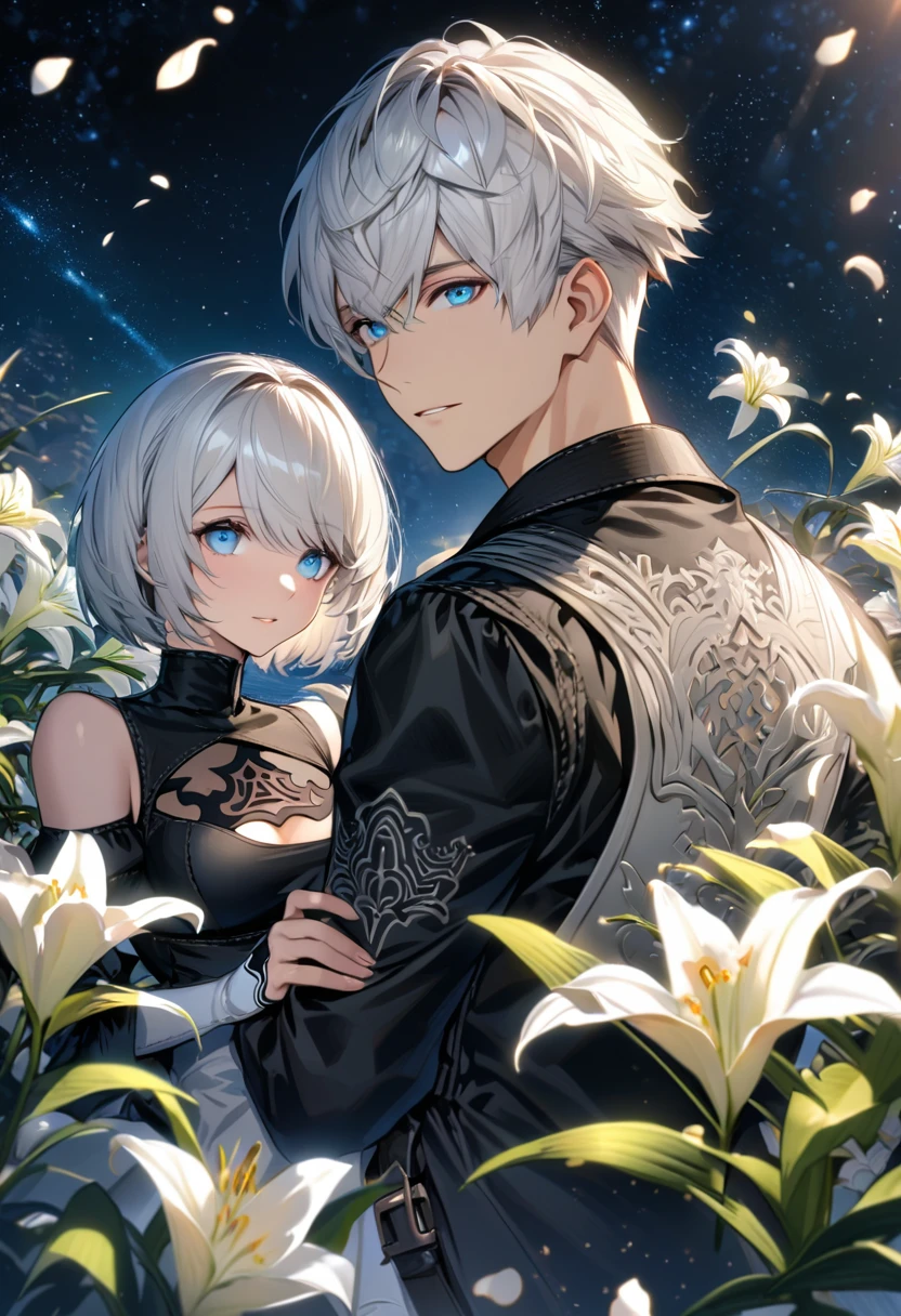 Ultra detailed, Highres, absurdres, HDR, 9S, white short hair with bangs, blue eyes, 2B, white hair, blue eyes, Nier Automata, handsome, 1 man with 1 woman as a couple, very detailed face and eyes, lilies white flowers, petals, starry sky