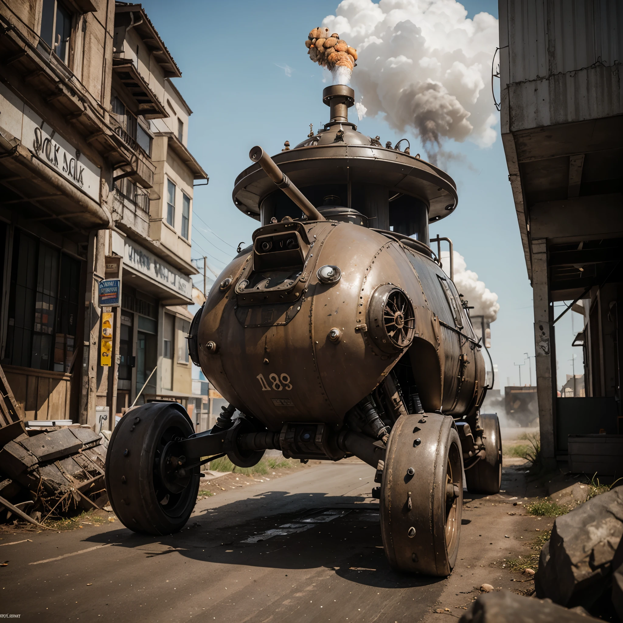 A creepy steam punk tank styled after a crab prowls the wastelands seeking merchants to rob