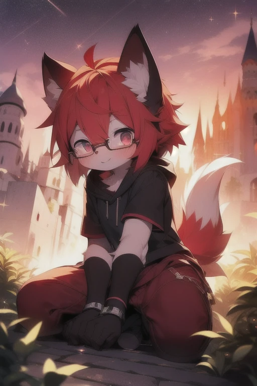 Furry wolf，wear glasses,Red hair all over the body,red short hair,The eyes are gray，White belly，The tip of the tail is white，Meatballs Pink，Sitting on the ground with fur all over，((Shota)), Red hair, Good figure, cute, Light：极端的Light与影, 反Light皮肤， ((Wear black socks)), ((Wear black fingerless gloves))"，((Pink sunset))，((light particles))，Outdoor sunset，Trendy，A majestic castle