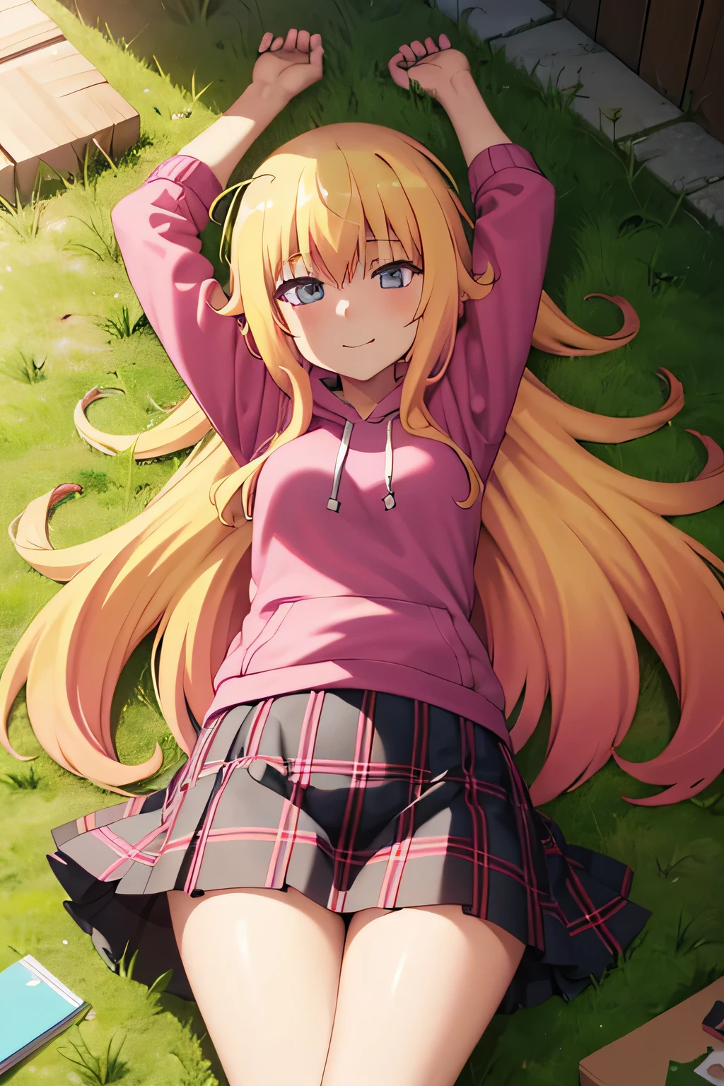 (extremely detailed CG unity 8k wallpaper), (masterpiece), (best quality), (ultra-detailed), (best illustration), (best shadow), (absurdres), 1girl, solo, gabriel white tenma, messy hair, ahoge, , red bow, plaid skirt, pink hoodie, closed mouth, spread arms, arms up, on back, on grass, looking at viewer, solo, center, smile, blushing, expressionless, 