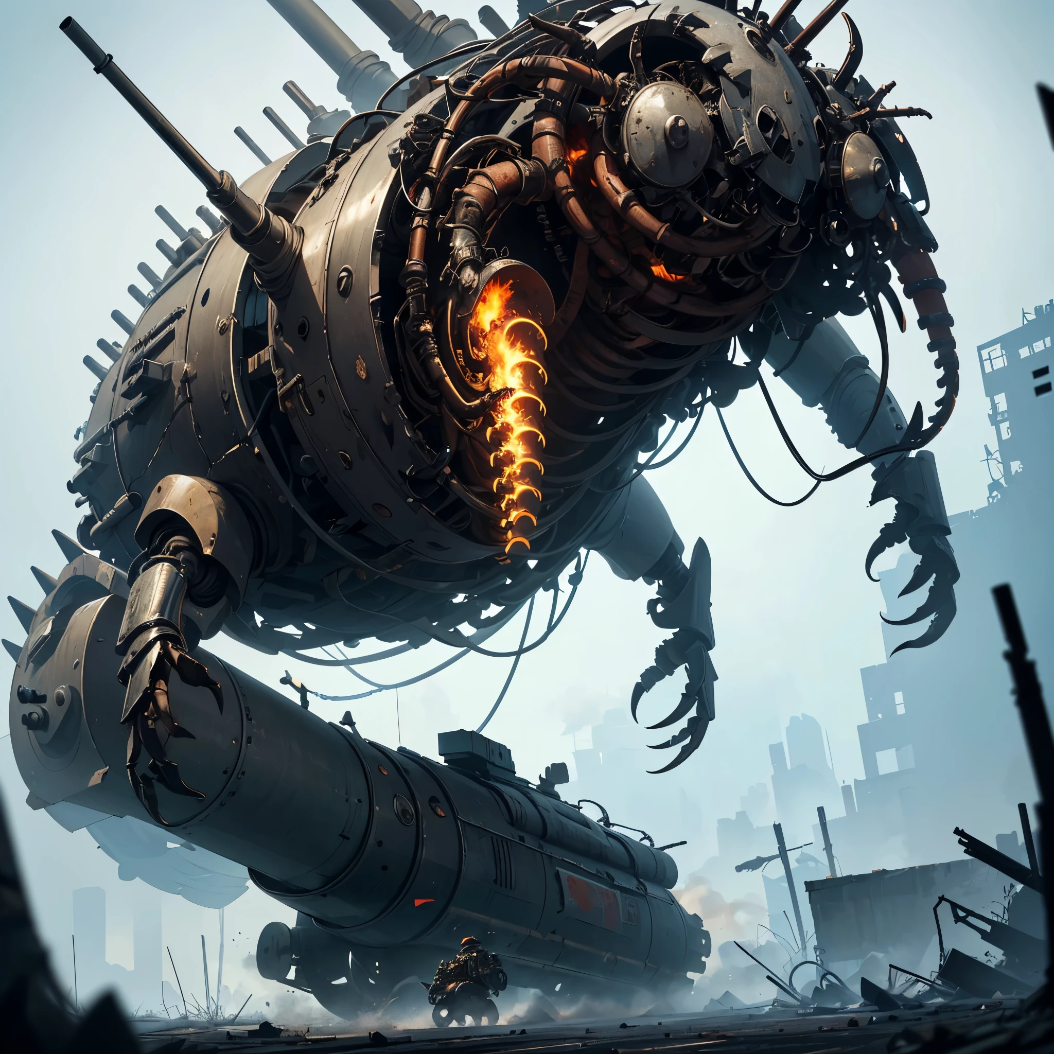 (best quality,4k,8k,highres,masterpiece:1.2),ultra-detailed,(realistic,photorealistic,photo-realistic:1.37),creepy steampunk crab tank,(mechanical,industrial,metallic:0.9),(detailed,elaborate) crab-shaped tank with steampunk elements,prowling the wastelands,(ominous,dark) atmosphere,searching for unsuspecting merchants,(sinister,intimidating) appearance,steam-powered mechanism,claws that can crush anything,(gritty,post-apocalyptic) setting,antennas sticking out from the tank's top,emitting eerie glow,(threatening,villainous) nature,(smoke,steam) bursting out of its joints and exhaust pipes,decorative gears and pipes covering the tank's exterior,exposed mechanical parts,spikes and jagged edges,(tattered,faded) flags hanging from the tank's body,armed with (cannon,gatling gun,rocket launcher),(creaking,metallic) mechanical sounds,spreading fear with its mere presence,scavenging for resources to survive.
