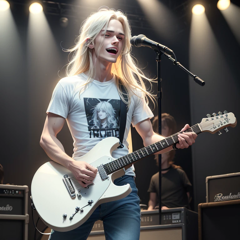 1 boy, Beautiful 25 year old man, Long beautiful blonde hair, White skin, Black Rock T-Shirt,Perforated denim,White boots,Playing a realistic 6-string white electric guitar,spotlight shines on,Rock Concert Stage,Playing the guitar with an ecstatic expression