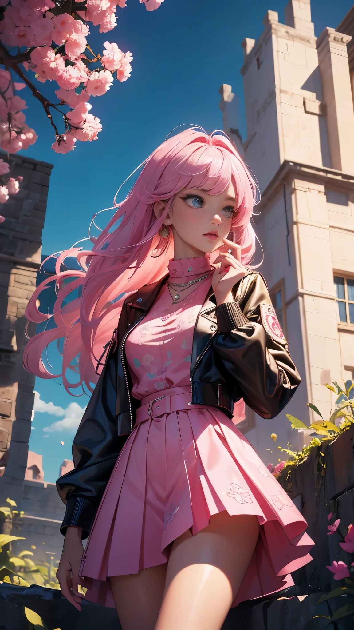 Pink，Vibrant colors，（masterpiece），（（（Top quality））），（（（Super detailed information）），（Surreal），（Highly detailed CG illustrations），Official Official Art，midsummer，Fashion， Honor, 1980, brutal beauty, gorgeous, gorgeous colorful hair, rock music, rock music, leather jackets, mini skirts, the only perfect angle of women, perfect composition, perfect composition,