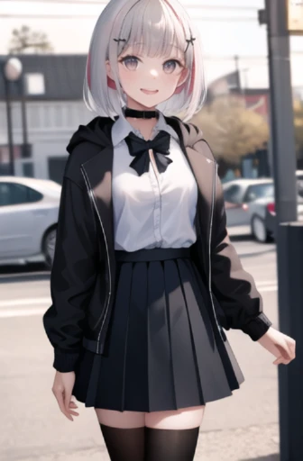 masterpiece, best quality, highres, bbsena, short hair, multicolored hair, hair ornament, black choker, bowtie, collared shirt, hoodie, black jacket, open clothes, long sleeves, grey skirt, pleated skirt, black thighhighs, standing, cowboy shot, smile, outdoors