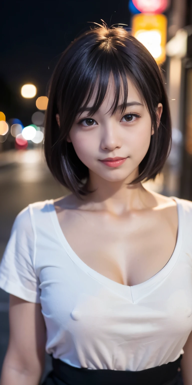 1 Girl, Tokyo Street,night, Streetscape,City lights,Upper Body,close,smile,, (8K, Raw photo, highest quality, masterpiece:1.2),(Realistic, photo-Realistic:1.37),