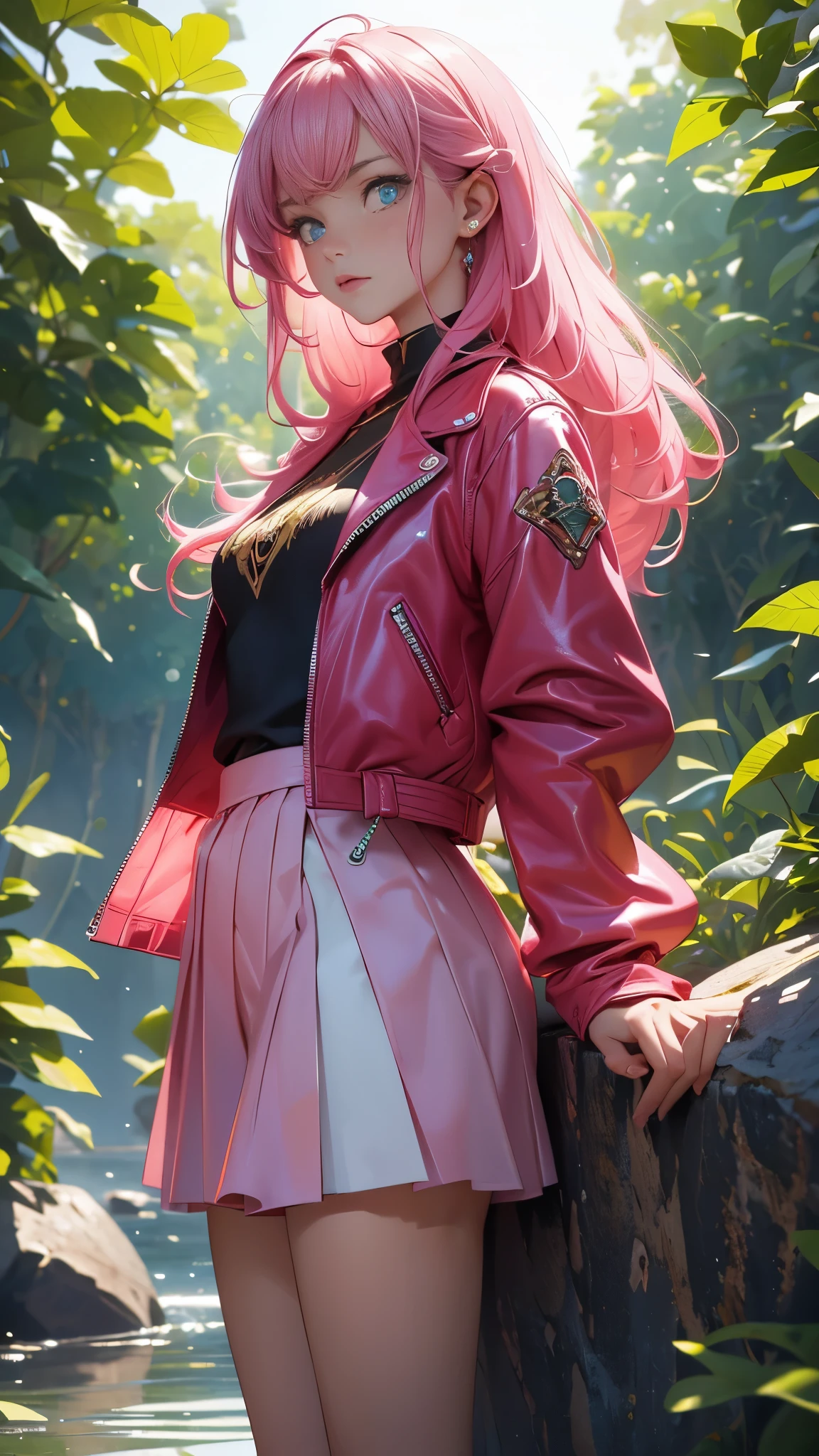 Pink，Vibrant colors，（masterpiece），（（（Top quality））），（（（Super detailed information）），（Surreal），（Highly detailed CG illustrations），Official Official Art，midsummer，Fashion， Honor, 1980, brutal beauty, gorgeous, gorgeous colorful hair, rock music, rock music, leather jackets, mini skirts, the only perfect angle of women, perfect composition, perfect composition,