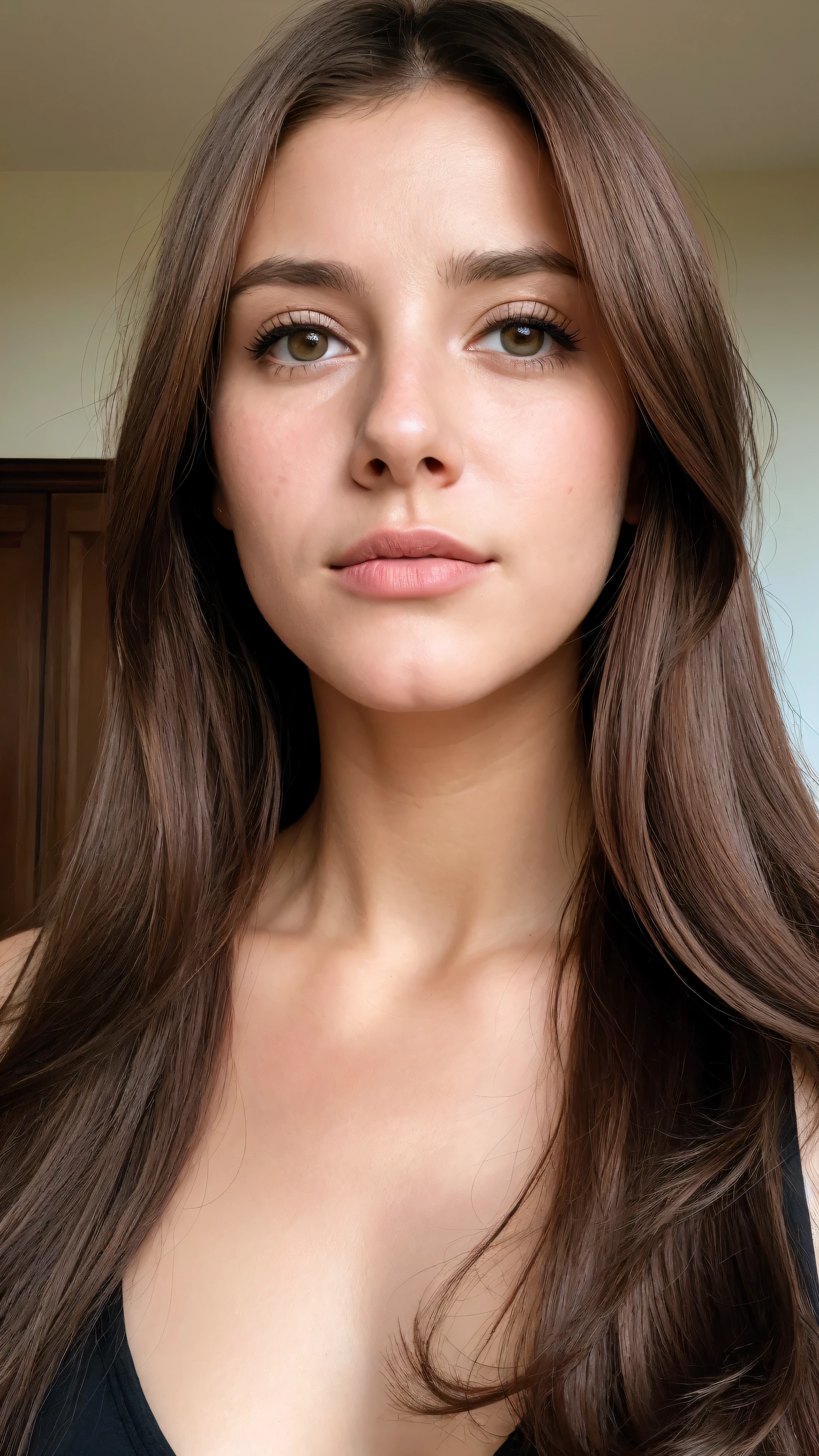Senhora bonita,, maquiagem escura, Fotografia hiper detalhada, luz suave, head and breast portrait, cobrir,, best quality, (rosto bonito detalhado, textura da pele do detalhe, corpo ultra-detalhado:1.1) brown hair, Hazel Eyes 18 anos adolescente
