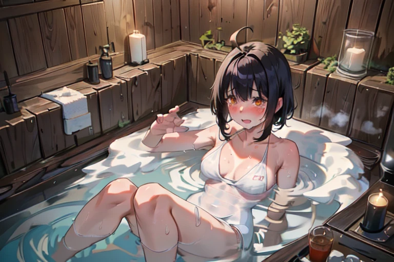 Miho Kohinata, Black Hair, Ahoge, Short Hair, White swimsuit, One piece swimsuit, Black Hair, Watery eye, Punishment, Crying face, scream, in agony, Desperately struggling, Like a TV show, whole body, shame, Taking a bath，Bathtub，hot water bath，steam, whole bodyが水槽の中, Bright red skin, Withstands the heat, Being boiled, Hot Water Commercial, The challenge of withstanding boiling water, Boiled in a pot, Wet and see-through