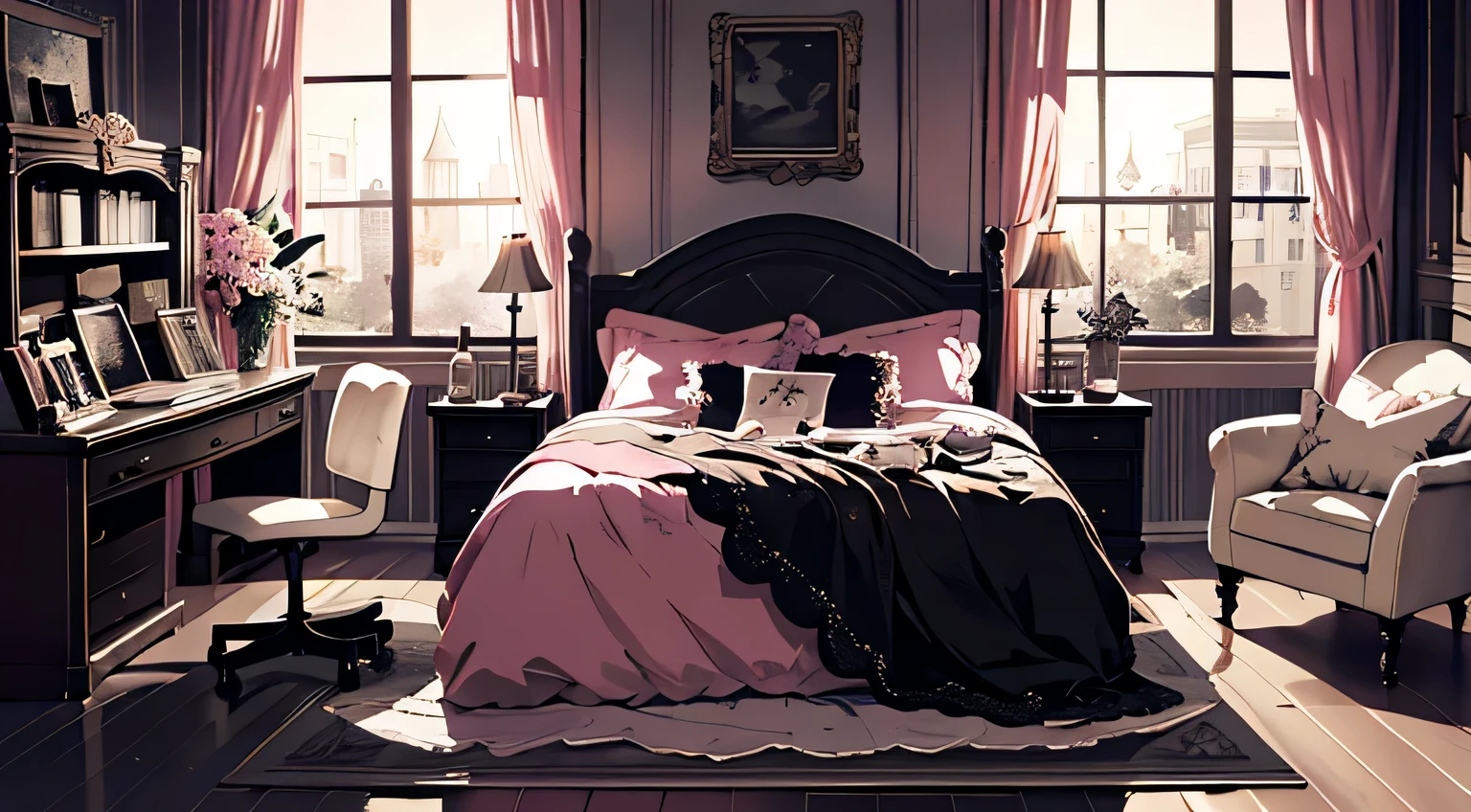 background、highest quality、detailed、Gothic atmosphere、Room illustration、、Pink-themed illustrations、spacious room、night、深night、Beautiful night sky from the window、lace curtains、Gothic bed、one chandelier、Gothic furniture、Bookshelf、Plush rug、There are no living things、wide range composition、Deformed illustration、Dark atmosphere、The silence of the night、Starry Sky、Crescent Moon、Crescent Moon and star illumination、Nobody is here