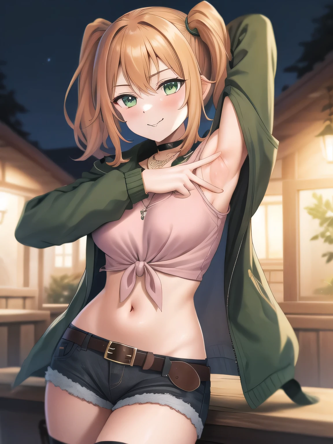 (masterpiece, best quality:1.2),illustration,8k,hd,1girl,solo, green eyes,side ponytail,brown hair,jacket,tied shirt,pink shirt,belt,choker,long hair,midriff,necklace,jewelry,off shoulder,green jacket,denim shorts,breasts,long sleeves,black shorts,black choker,bangs, solo, night sky, forest, arms behind head, contrapposto, spread armpits, closed mouth, smile, upper body,