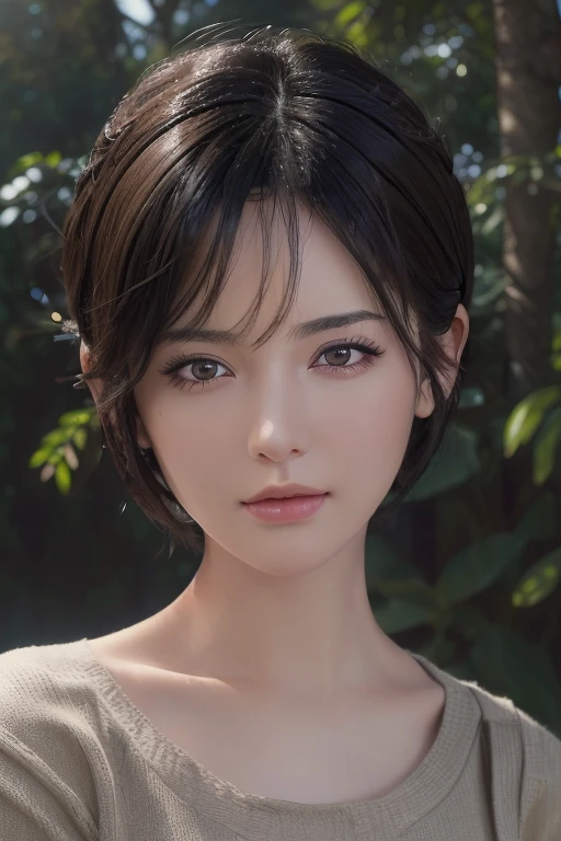 (masterpiece:1.3), (8K, Realistic, RAW Photos, Highest quality: 1.4), (One girl), Beautiful Face, (Realistic Face), (Black Hair, short hair:1.3), Beautiful hairstyle, Realistic eyes, Beautiful attention to detail, (Realistic Skin), Beautiful Skin, (sweater), Absurd, Charm, Ultra-high resolution, Ultra-realistic, Very detailed, Golden Ratio,(Huge boobs: 1.2),