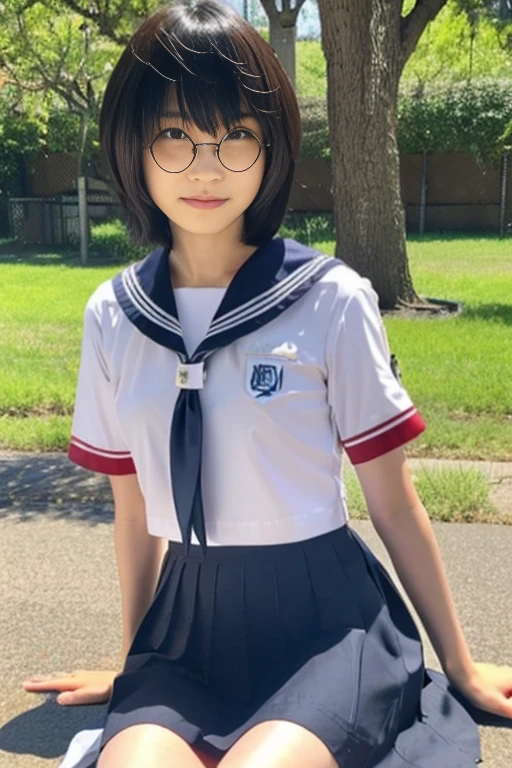 8k,Japanese,-yeld,Inent and innocent face,highly detailed face,kind eyes,,straight bang hair,hair blowing in the wind,girl,cute,summer clothes,everyday wear,short sleeve,random color shirt,Random skirt,in the shade of a tree,sitting,short black hair,Decolletage,thighs