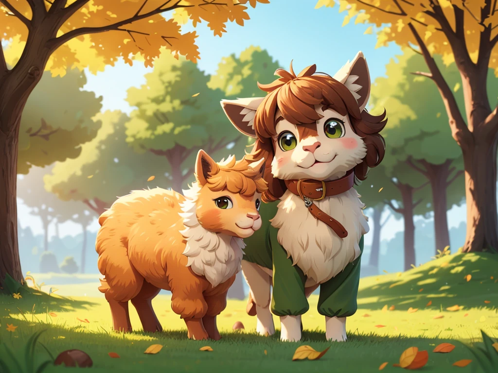 best quality,highres,ultra-detailed,(realistic:1.37),portrait, an alpaca,furry,farm animal,lush green grass,big brown eyes,fluffy coat,cute,peaceful expression,soft and gentle,close-up,beautiful detailed fur,autumn colors,soft sunlight,lens flare