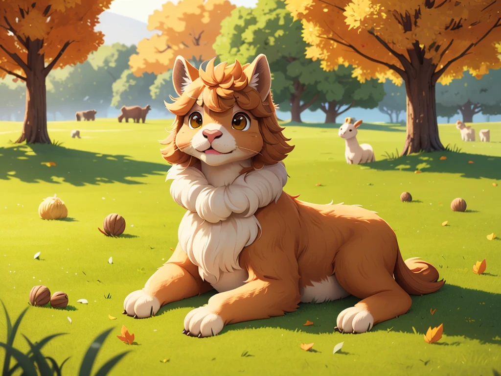 best quality,highres,ultra-detailed,(realistic:1.37),portrait, an alpaca,furry,farm animal,lush green grass,big brown eyes,fluffy coat,cute,peaceful expression,soft and gentle,close-up,beautiful detailed fur,autumn colors,soft sunlight,lens flare