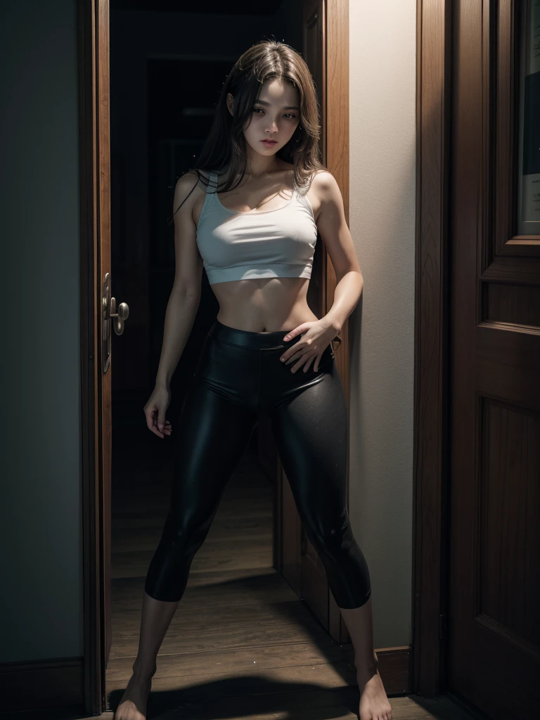 Macro realism, Chinese woman, 18 years old, long brown hair, detailed light brown eyes, small rounded nose, thin lips, seductive smile fair skin, defined body, 2000s style clothing, dancing, seen from below, full body, 8k UHD , ultra-realistic, vibrant colors, photography, Cinematic