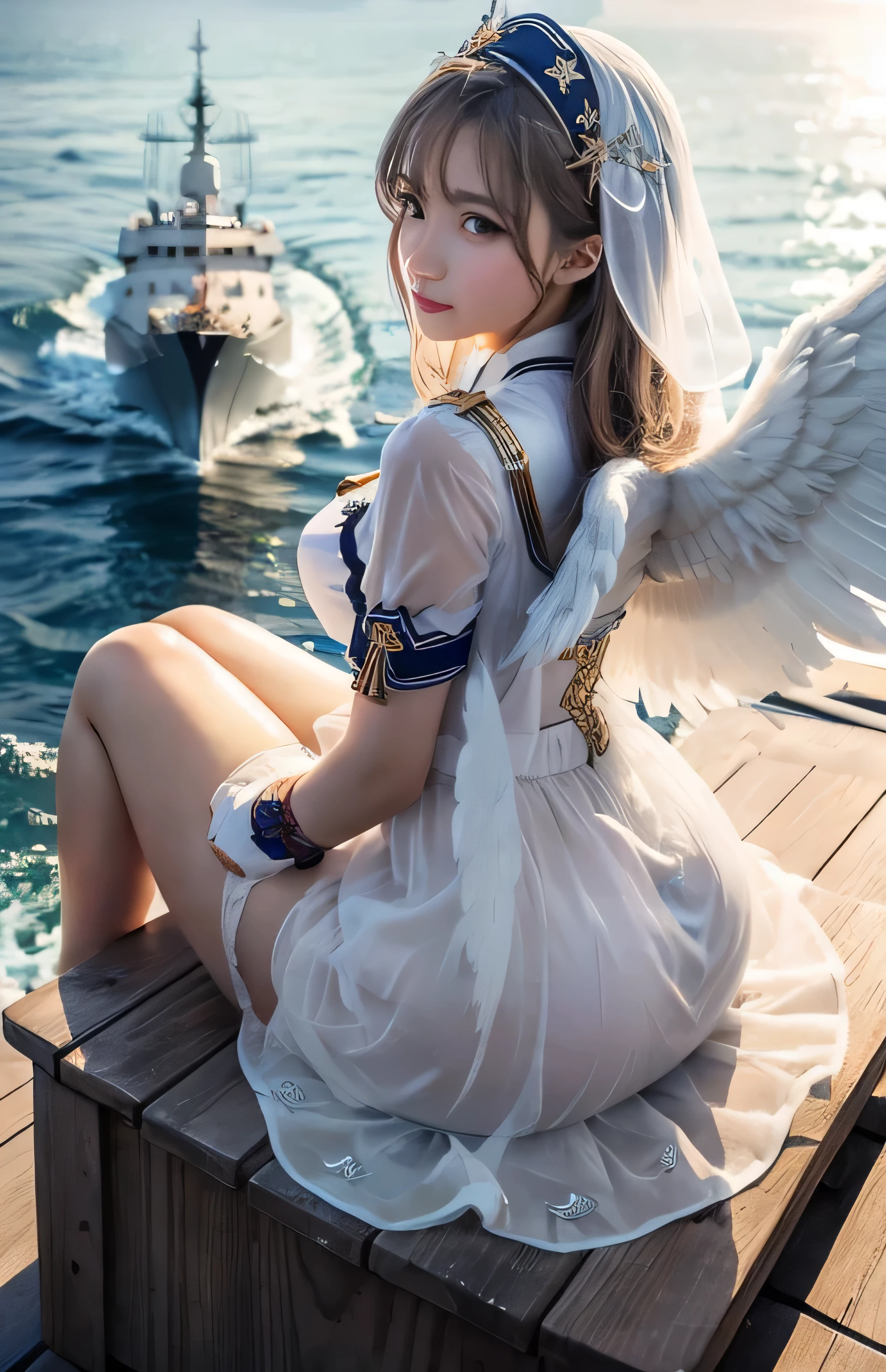 Greek warships、She has white angel wings on her back、see-through white dress