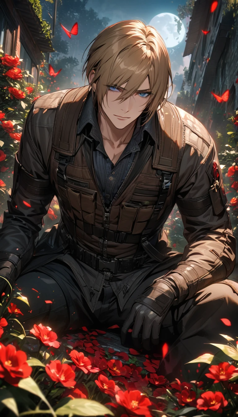 absurdres, highres, ultra detailed, HDR, masterpiece, Leon S Kennedy, blond-brown hair, expressive blue eyes, Resident Evil 6, 1man, handsome, garden, red petals, red flowers, red butterflies, moon