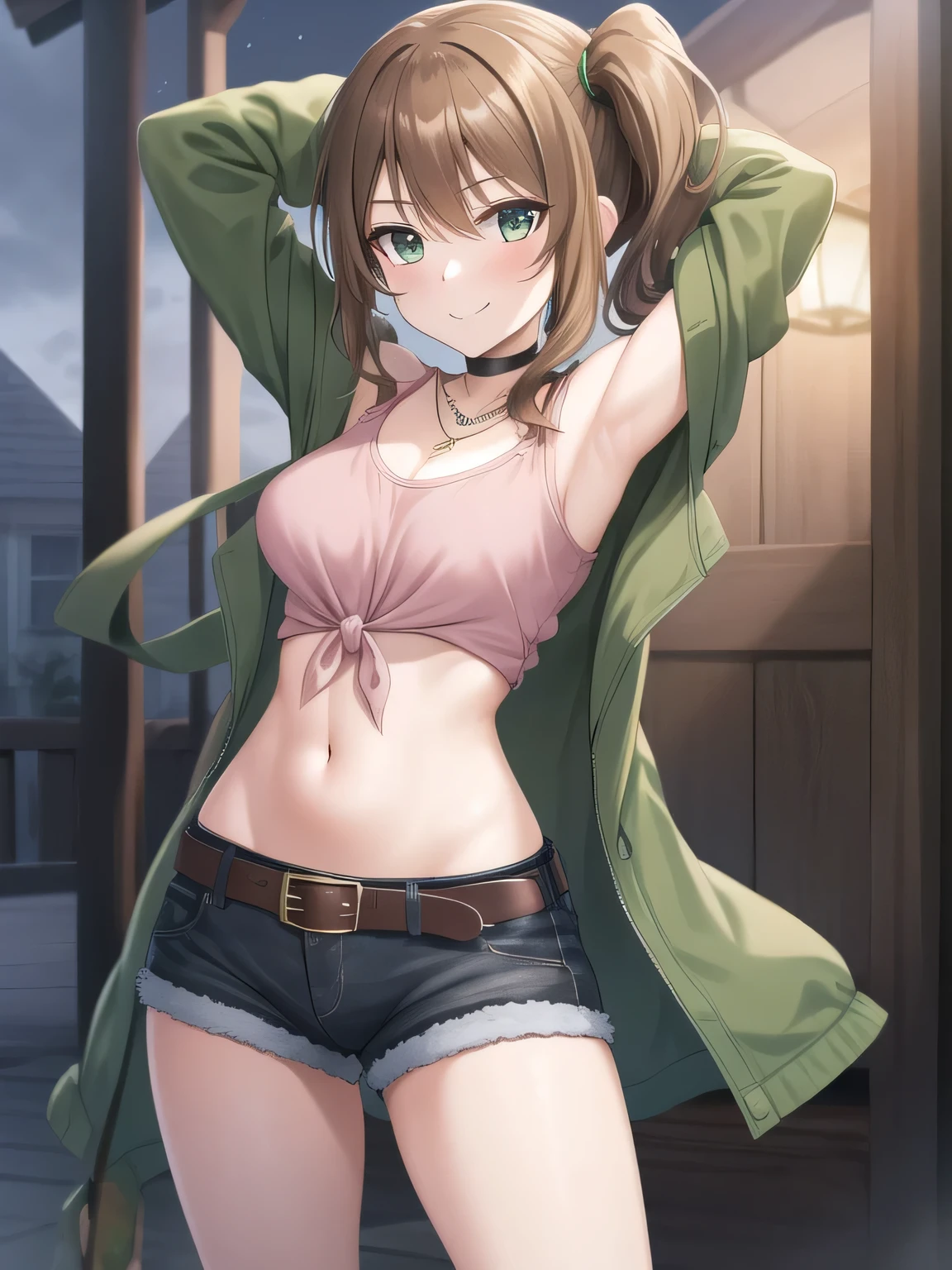 (masterpiece, best quality:1.2),illustration,8k,hd,1girl,solo, green eyes,side ponytail,brown hair,jacket,tied shirt,pink shirt,belt,choker,long hair,midriff,necklace,jewelry,off shoulder,green jacket,denim shorts,breasts,long sleeves,black shorts,black choker,bangs, solo, night sky, forest, arms behind head, contrapposto, spread armpits, closed mouth, smile, (cowboy shot:1.5)