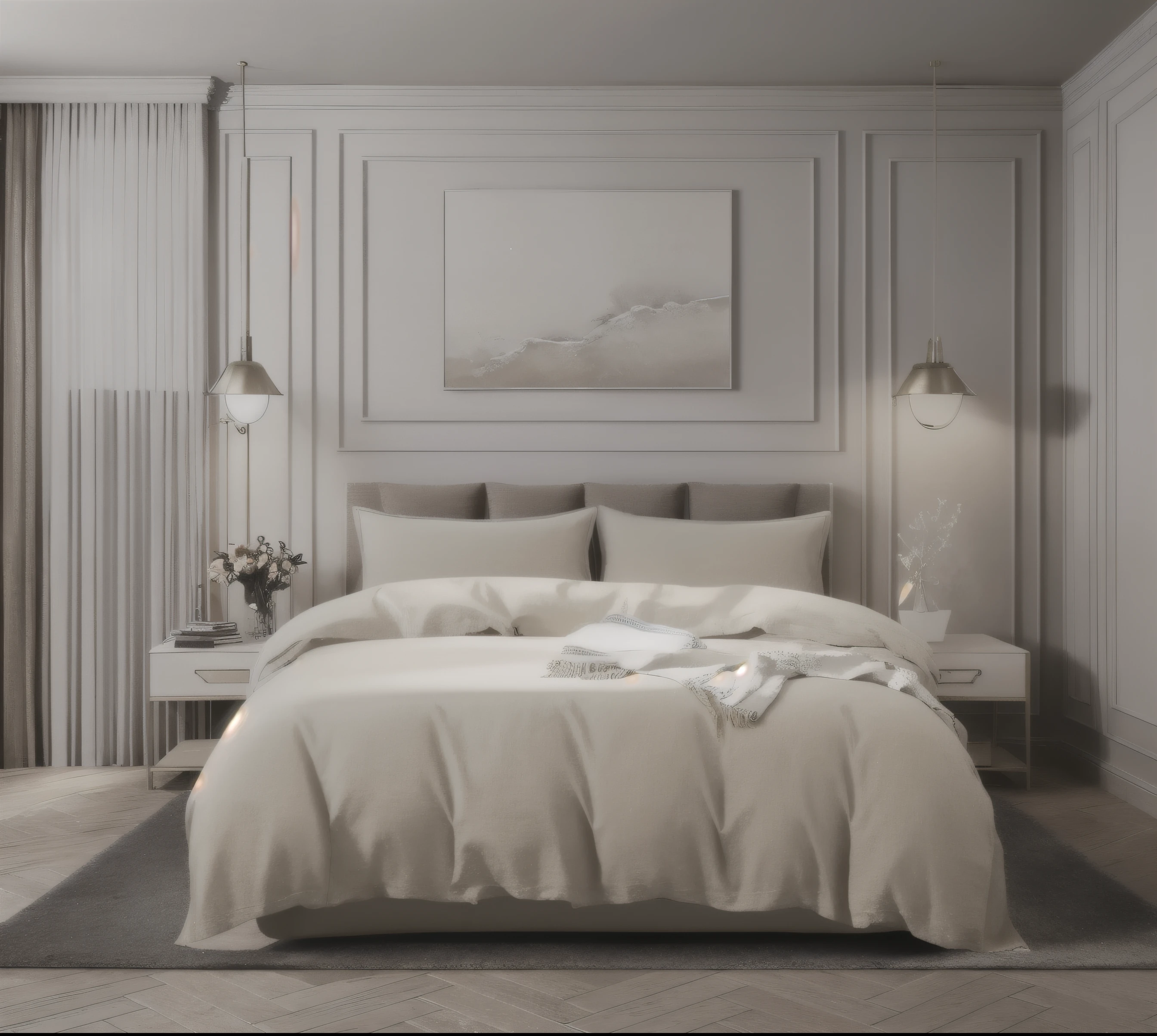 There is a bed in the room,There are beige quilts and pillows on it, Peaceful bedroom environment, Designed for comfort and aesthetics!, high resolution product photo, Sand-colored walls, Beige and dark ambience, cream colored room, Taupe, product photo, Highly photographic rendering, detailed picture, Refined, comfortable and elegant atmosphere, presented in corona, Rendering in Vray