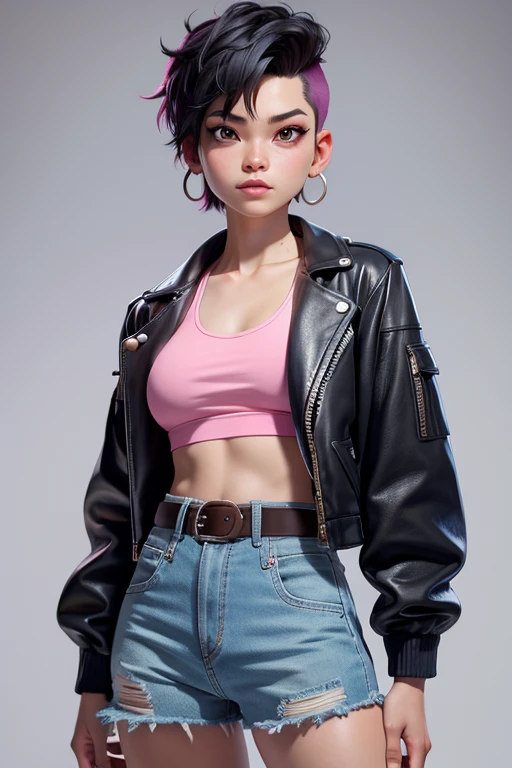 Jubilation Lee with punk black hair (very short on the sides), big light brown eyes, small breasts, open long yellow! leather jacket! pink earrings, belt, cotton pink tank top, light blue low-waist denim shorts, covered navel, cropped legs, cotton, front view!, white background, realistic colors, front view, light coming from the right, 8K image quality, Masterpiece