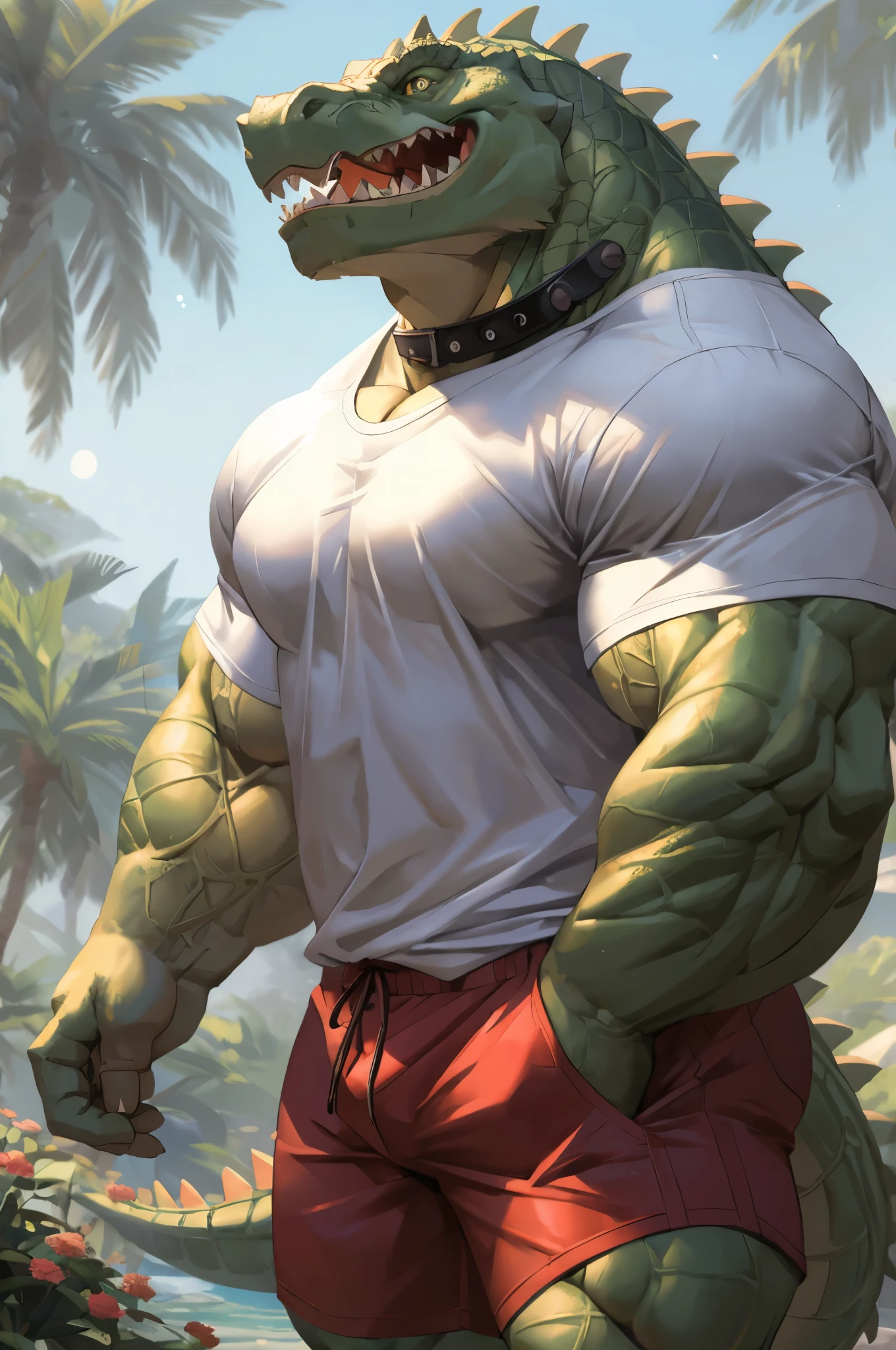 (best quality,4k,8k,highres,masterpiece:1.2),ultra-detailed,realistic:1.37,huge muscular furry crocodile wearing white shirt,white shorts,green crocodile skin,shirt with buttons,shirt with collar,shorts with pockets,ferocious expression,intense eyes,sharp teeth,long tail,scaly texture,lush green garden background,sturdy posture,strong arms,bulging muscles,bright colors,sharp focus,natural lighting,physically-based rendering,bokeh,portrait,creature,animal,artistic style