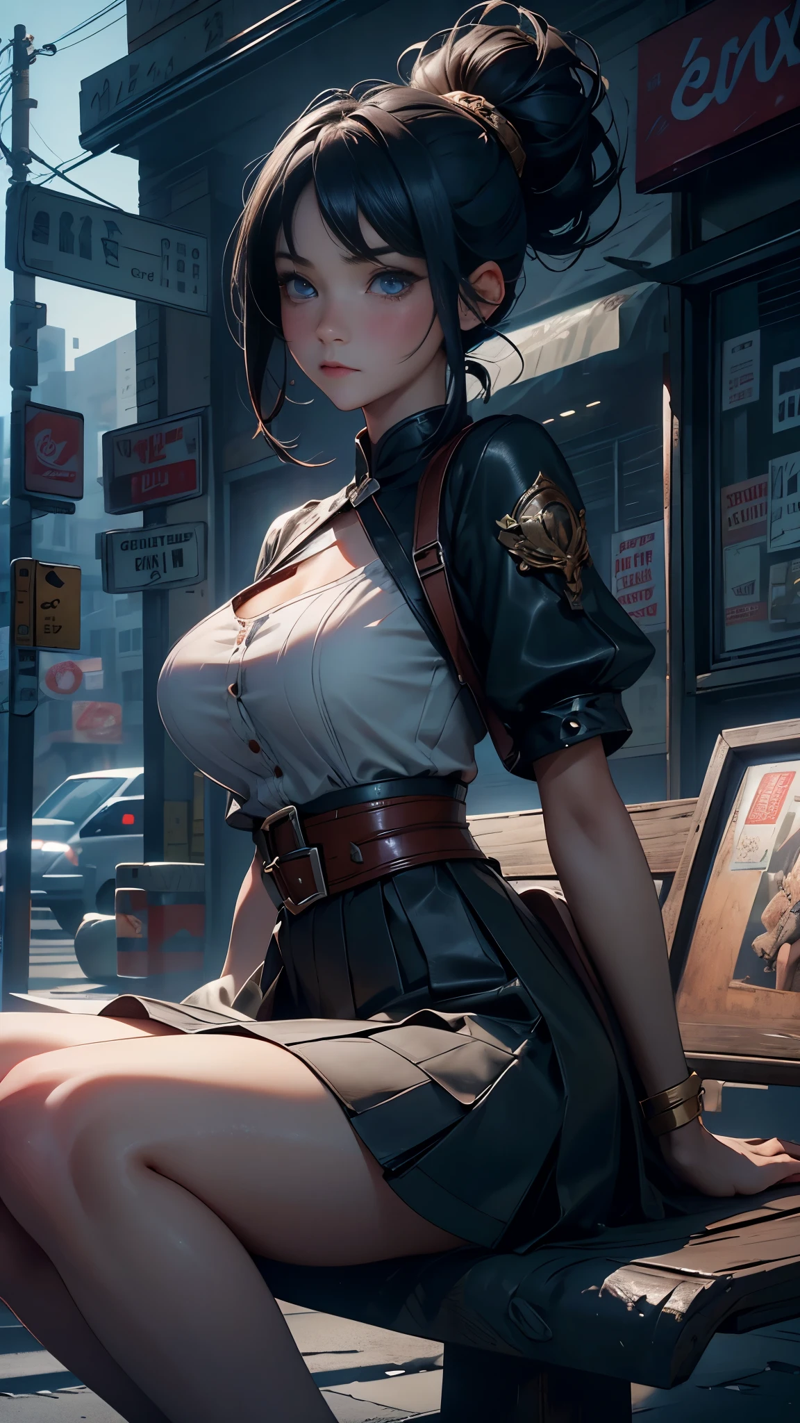 1个Giant Breast Girl, black hair color hair, whiteskirt, sitting on a bench, Tramac drops, perfect eyes, perfect hand, Ultra-high resolution, Movie Angle, profesional lighting, Best quality, tmasterpiece, Side seams, Sharp, Perfect focus,corner store,fantasy_world,(Elaborate Eyes:1.3),realistically,(3D face:1.1),(Glow skin:1.5),(Ultra high resolution complex facial details skin pores:1.3),Ultra high resolution fabric texture,8k eye details,8K students,