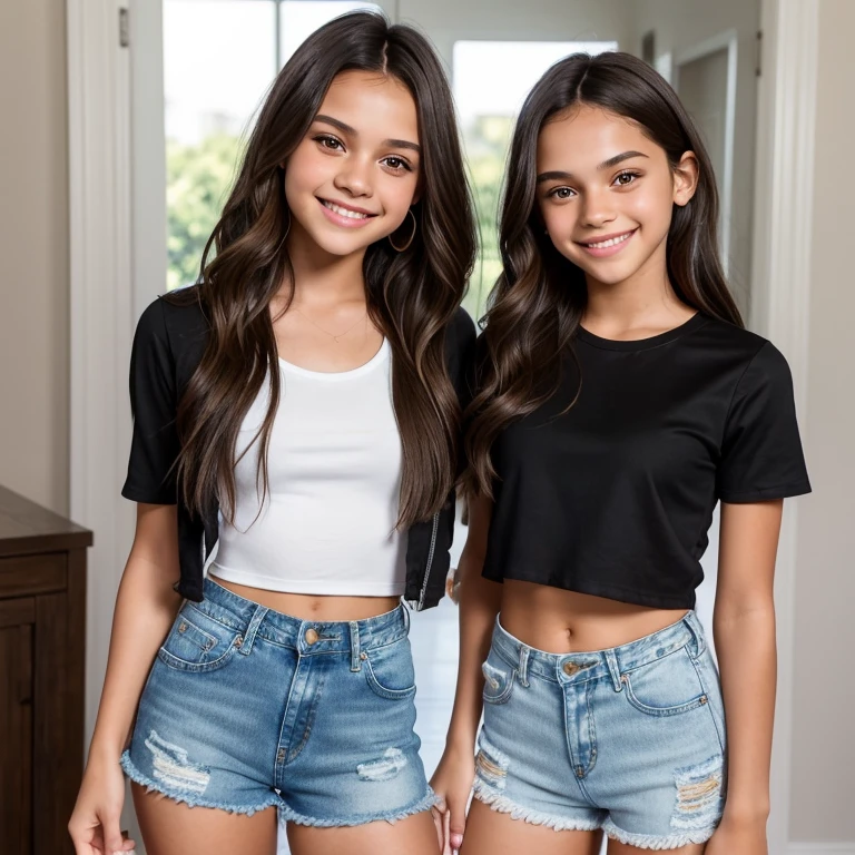 Girl, beautiful, ager, brown hair, light brown eyes, cropped tank top, denim shorts, with the face of Bela Fernandes