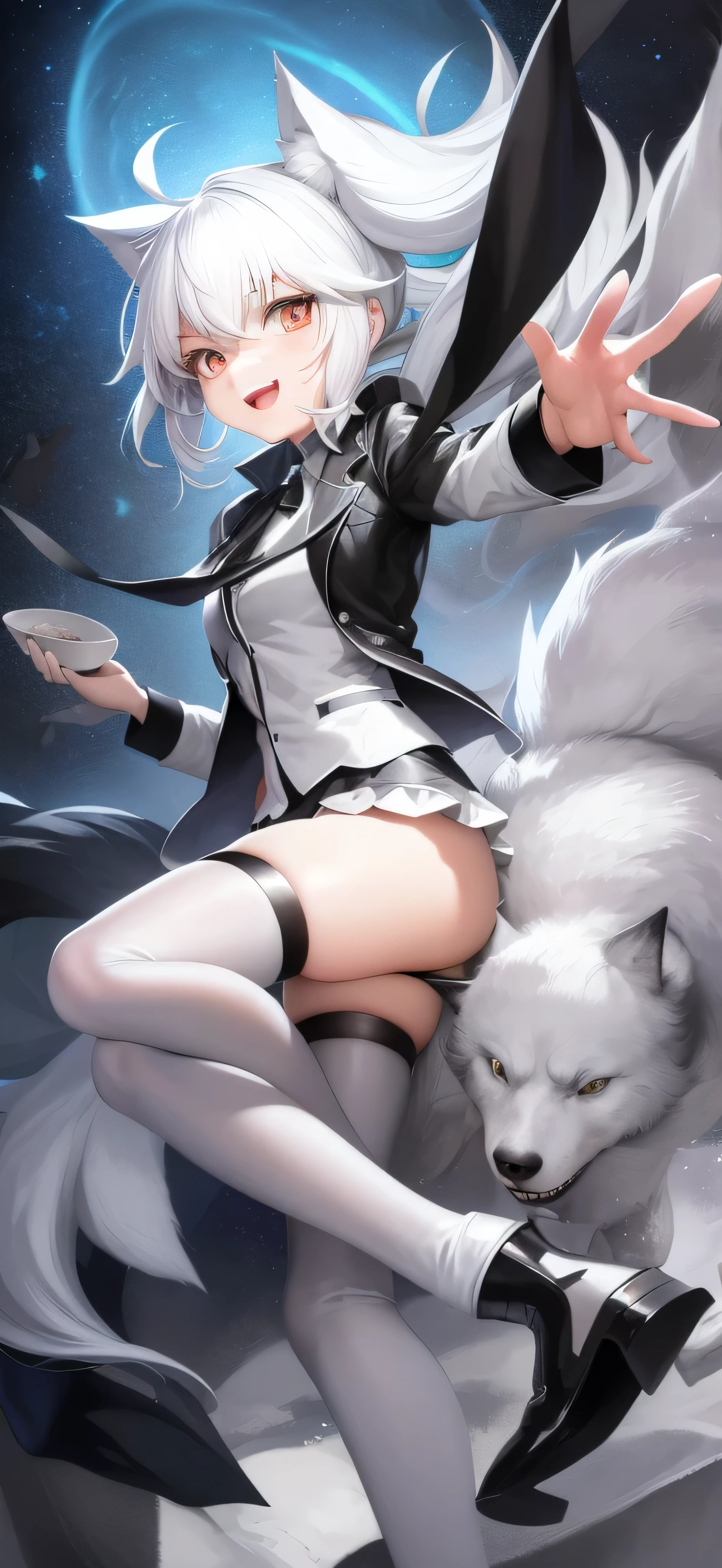 Cartoon picture of a girl with white hair and black jacket, nyaruko-san, White-haired wolf, anime moe art style, a silver haired mad, in an anime style, neferpitou, white haired Cangcang, Kantai collection style, mika kurai demon, White-haired, [[[[grinning evily]]]]