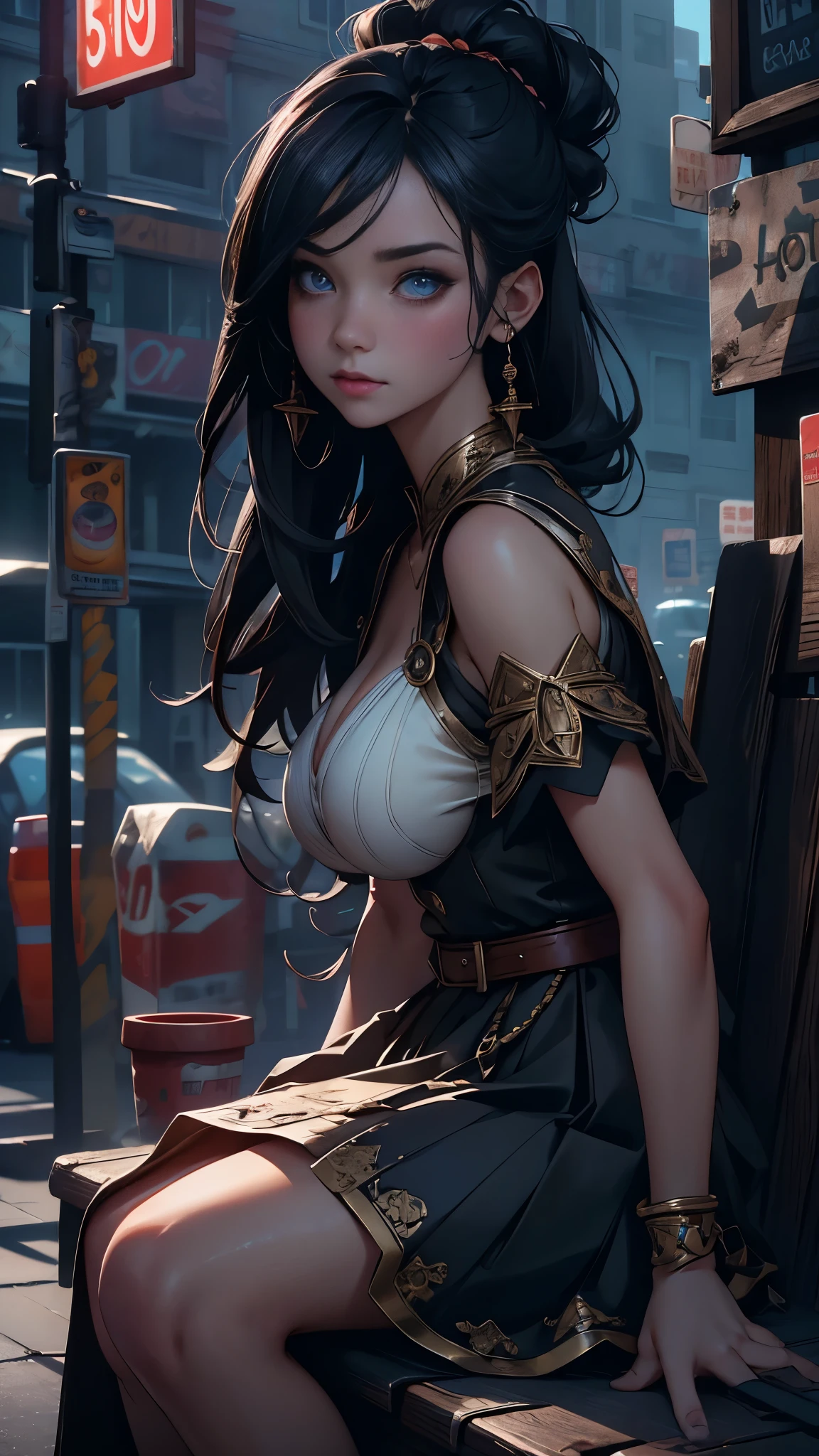 1个Giant Breast Girl, black hair color hair, whiteskirt, sitting on a bench, Tramac drops, perfect eyes, perfect hand, Ultra-high resolution, Movie Angle, profesional lighting, Best quality, tmasterpiece, Side seams, Sharp, Perfect focus,corner store,fantasy_world,(Elaborate Eyes:1.3),realistically,(3D face:1.1),(Glow skin:1.5),(Ultra high resolution complex facial details skin pores:1.3),Ultra high resolution fabric texture,8k eye details,8K primary school students,