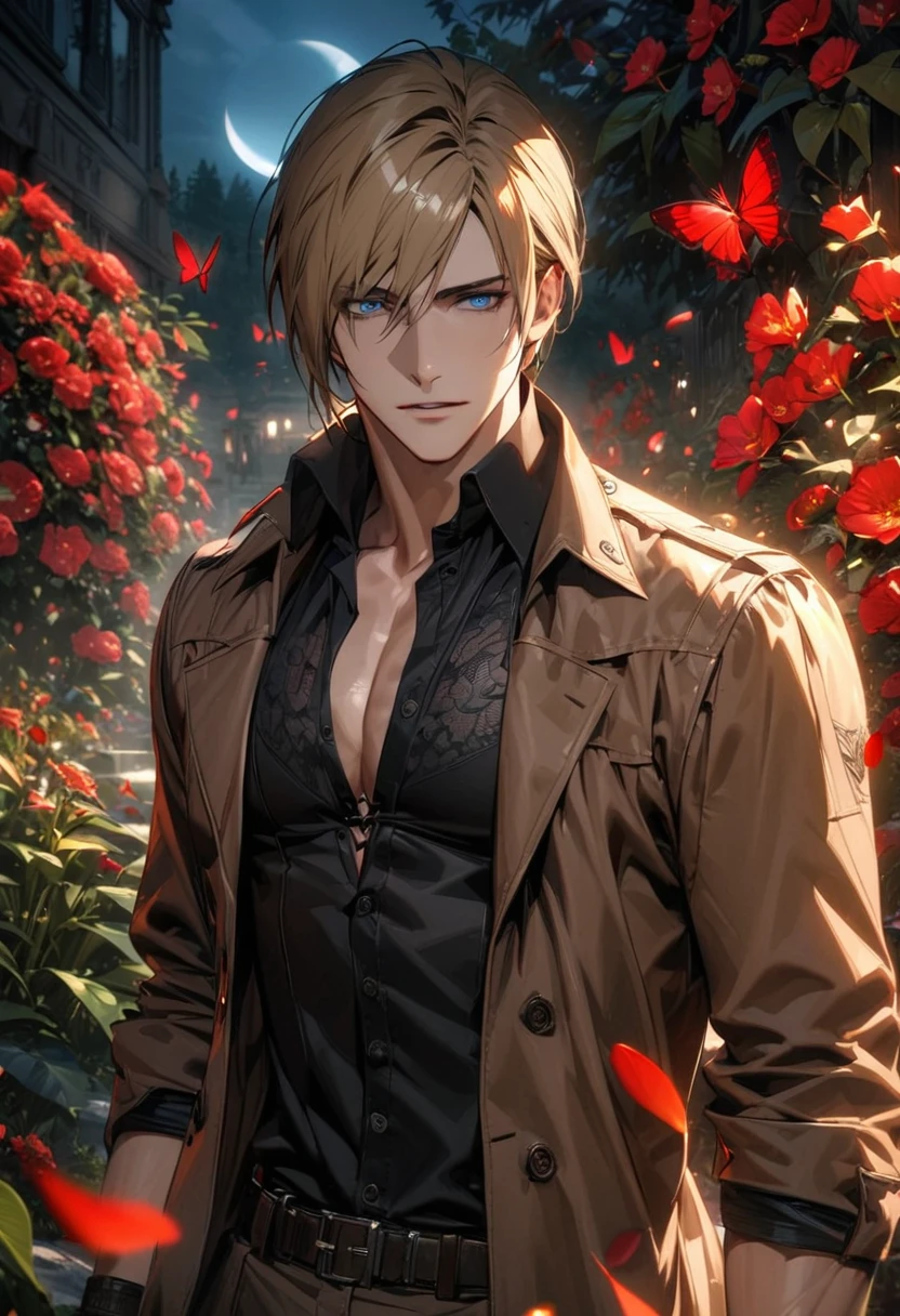 absurdres, highres, ultra detailed, HDR, masterpiece, Leon S Kennedy, blond-brown hair, expressive blue eyes, Resident Evil 6, 1man, handsome, brown coat, tight black shirt, toned chest, garden, red petals, red flowers, red butterflies, moon