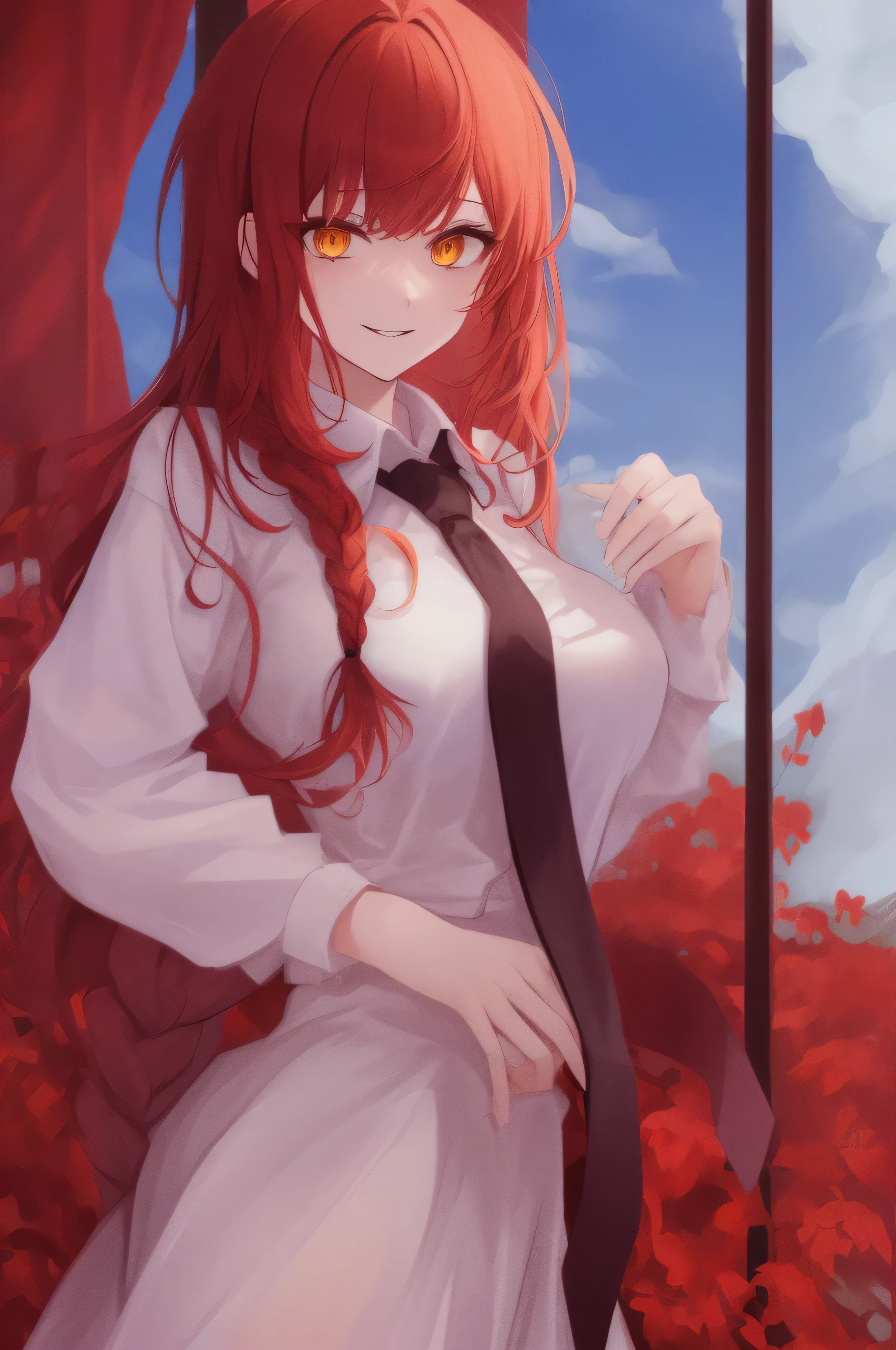 Woman, MaarcoCib, makima \(chainsaw man\), best quality, ultra detailed, 1girl, solo, standing, red hair, long braided hair, golden eyes, bangs, medium breasts, white shirt, necktie, stare, smile, (evil:1.2), looking at viewer, (interview:1.3),