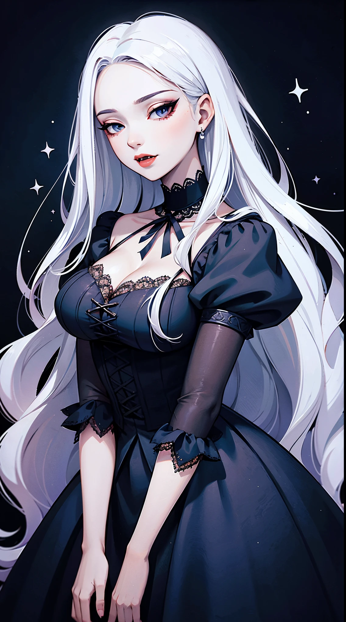 Beautiful Vampire Queen, long white hair, gothic style, white roses in hair, dark black eyelashes, blue irises, fangs, wearing a black gothic lace top and skirt, digital illustration, glitter,ankymoore

