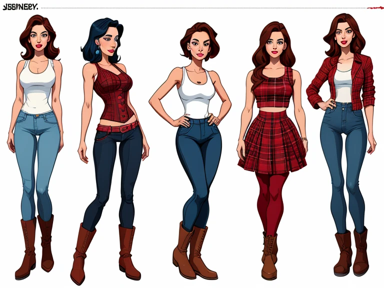 Jennifer Connelly style Cartoon style digital illustration white background medium breasts white tank top with red plaid jacket and corsets denim pants and brown boots Cartoon style digital illustration