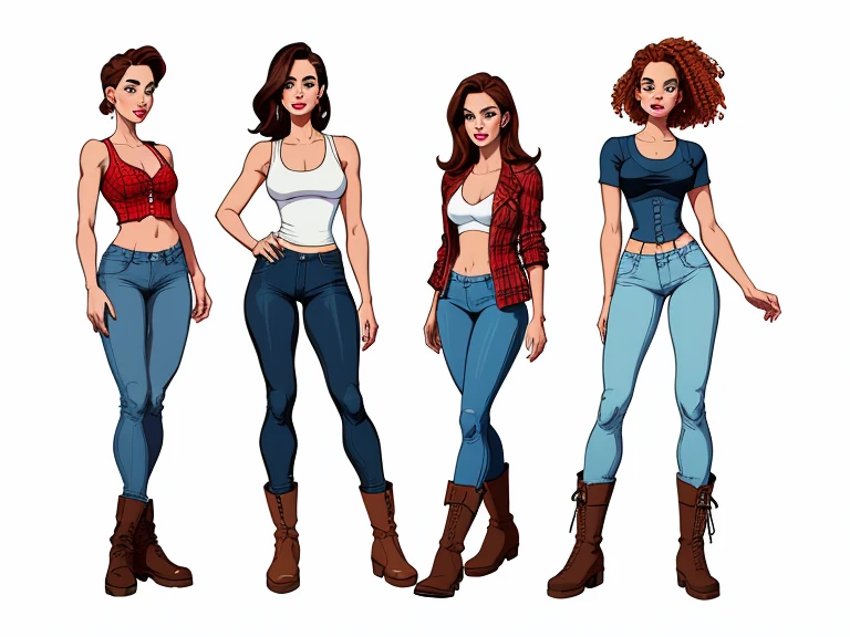 Jennifer Connelly style Cartoon style digital illustration white background medium breasts white tank top with red plaid jacket and corsets denim pants and brown boots Cartoon style digital illustration 